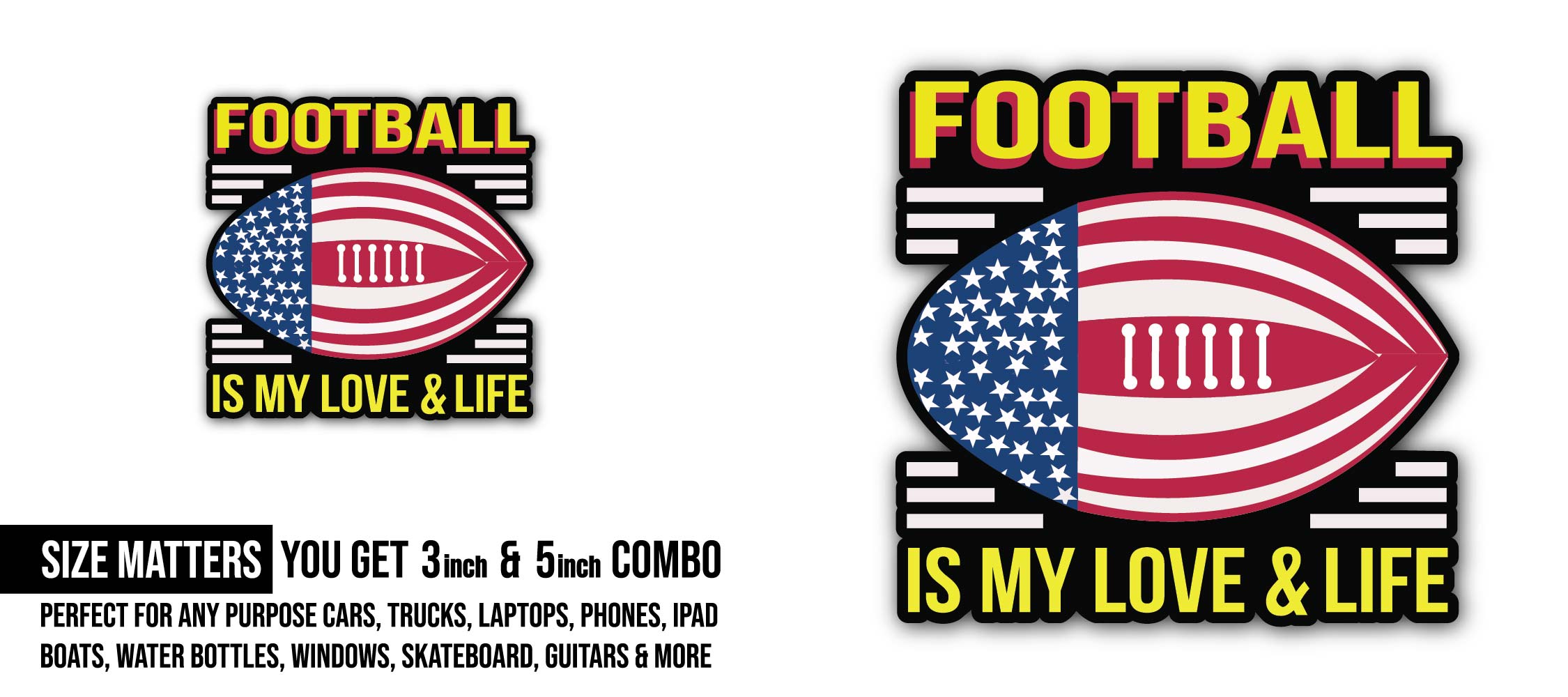 American Football Pride Sticker, Waterproof Vinyl Decal Sticker Indoor Or Outdoor 2 (Pieces) 3" and 5"