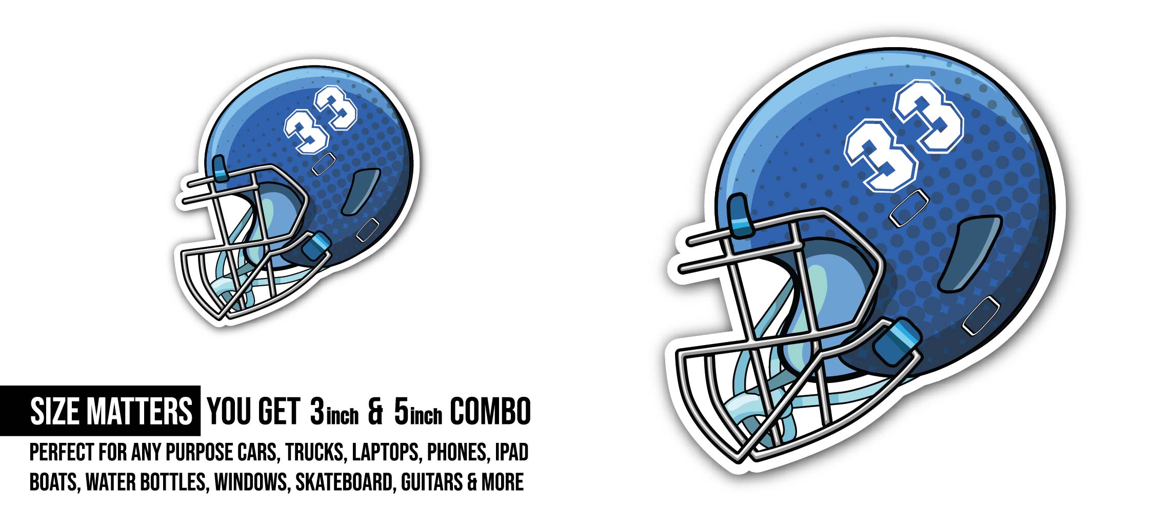 Blue Football Helmet Sticker, Waterproof Vinyl Decal Sticker Indoor Or Outdoor 2 (Pieces) 3" and 5"