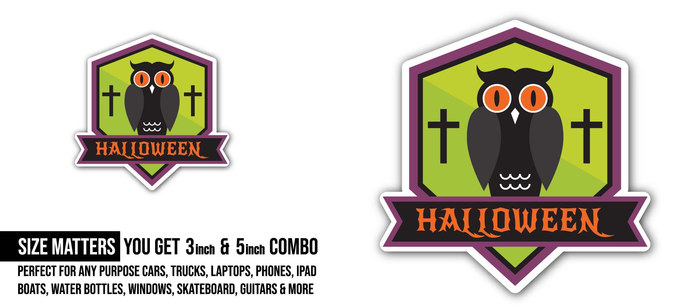 Owl Halloween Sticker, Waterproof Vinyl Decal Sticker Indoor Or Outdoor 2 (Pieces) 3" and 5"