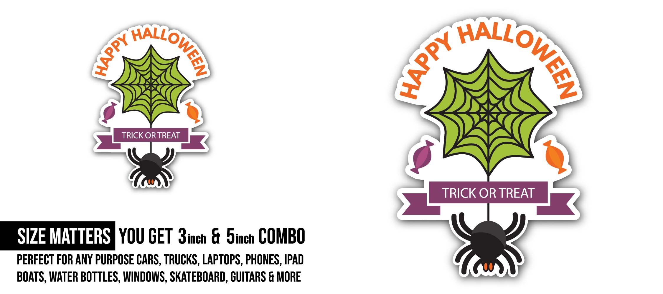 Trick or Treat Spider Sticker, Waterproof Vinyl Decal Sticker Indoor Or Outdoor 2 (Pieces) 3" and 5"