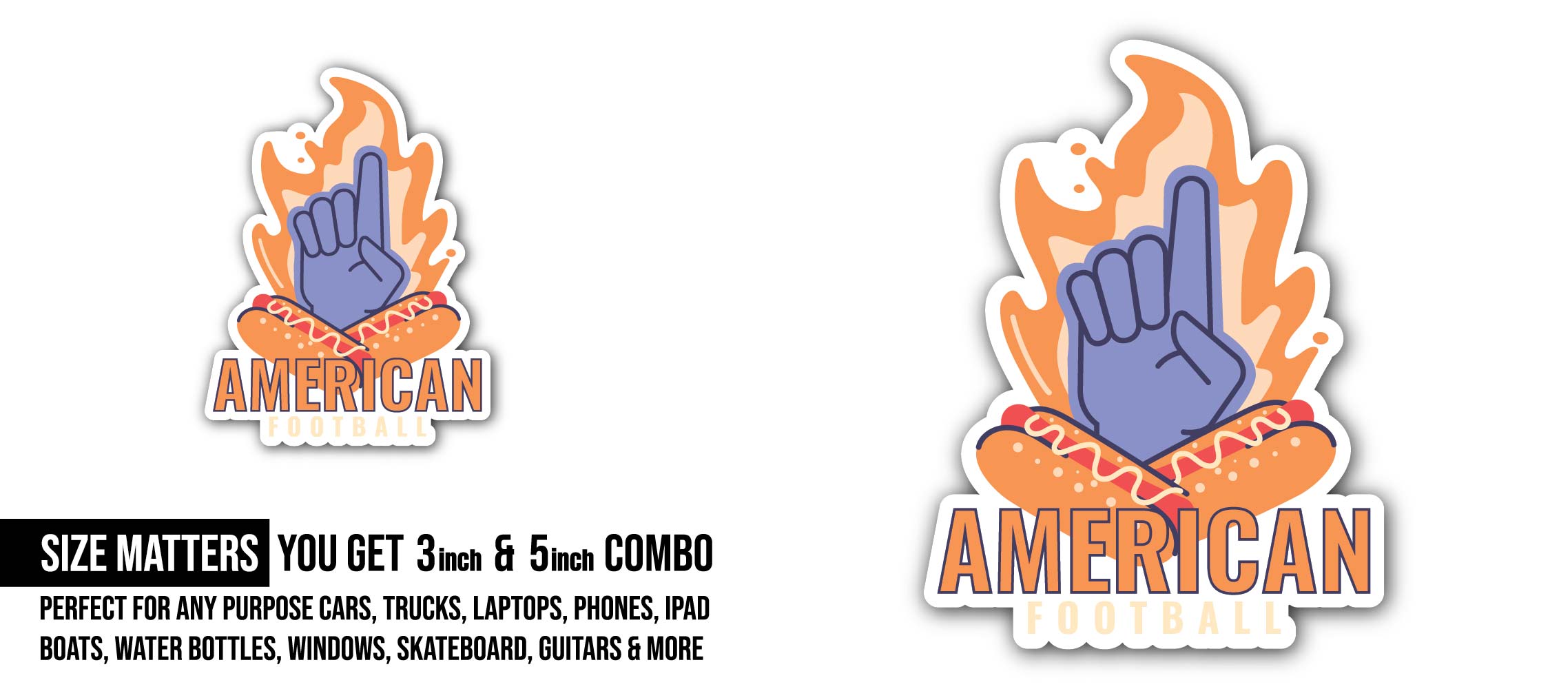 American Football Fan Sticker, Waterproof Vinyl Decal Sticker Indoor Or Outdoor 2 (Pieces) 3" and 5"