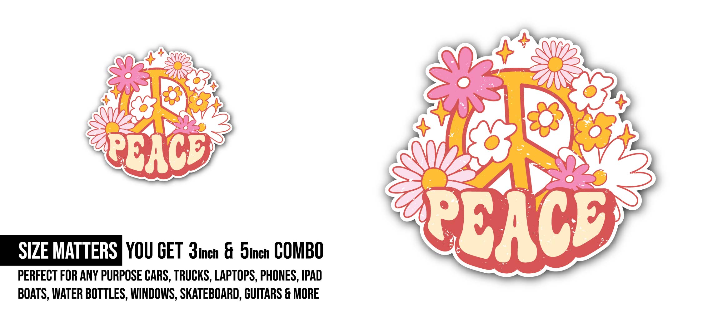 Peace symbol Blooming flowers Sticker, Waterproof Vinyl Decal Sticker Indoor Or Outdoor 2 (Pieces) 3" and 5"