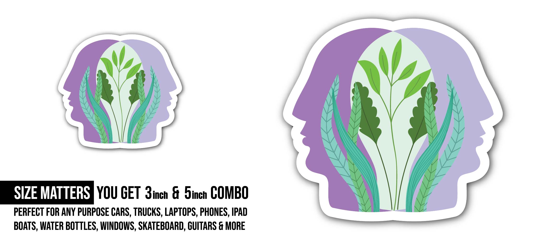 Plants in human heads Sticker, Waterproof Vinyl Decal Sticker Indoor Or Outdoor 2 (Pieces) 3" and 5"