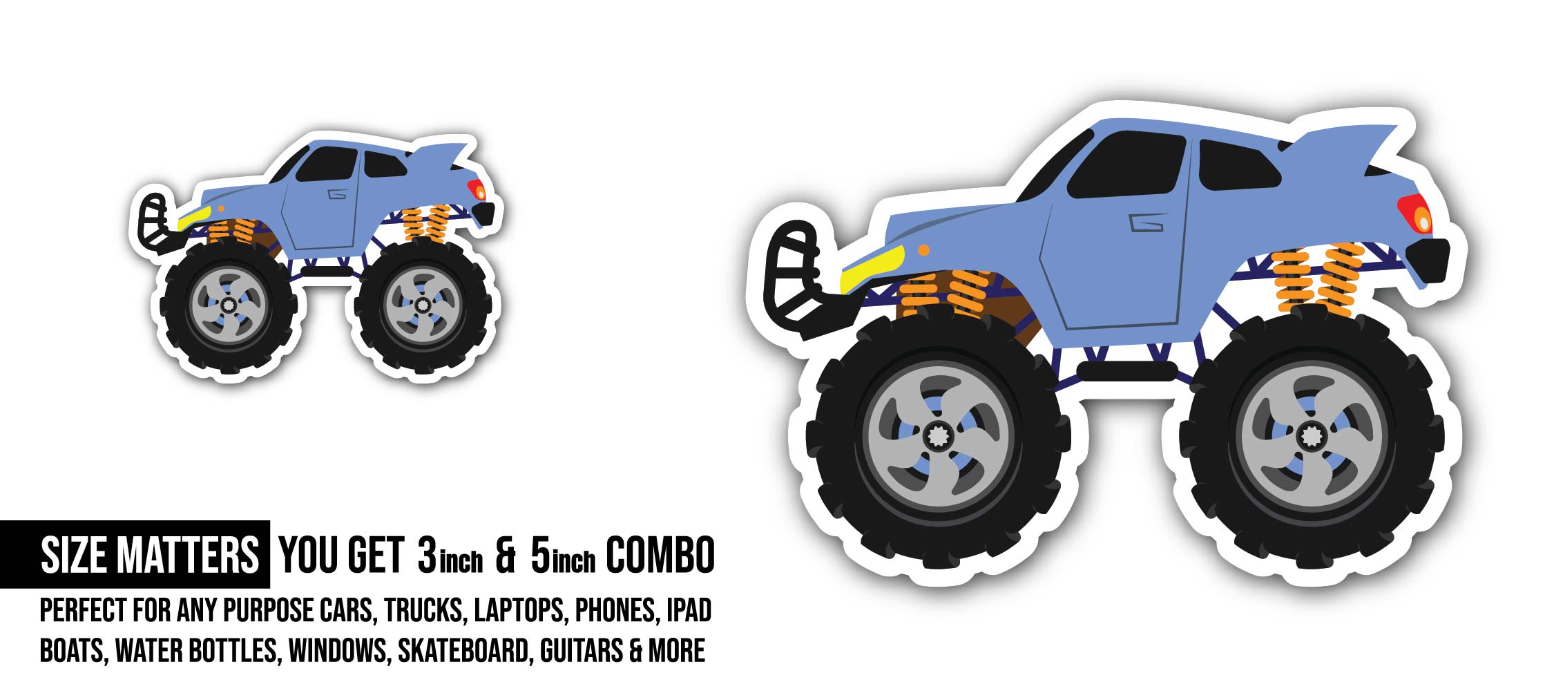 Blue Monster Truck Sticker, Waterproof Vinyl Decal Sticker Indoor Or Outdoor 2 (Pieces) 3" and 5"