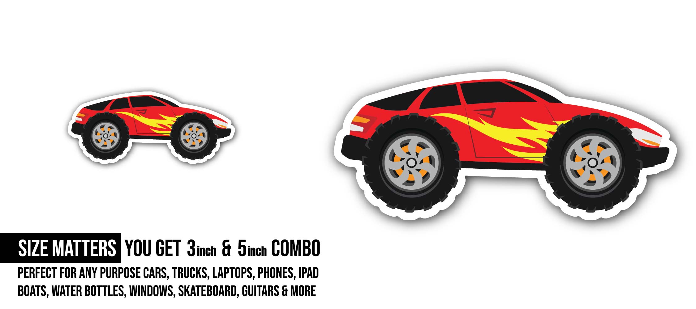 Flame Monster Truck Sticker, Waterproof Vinyl Decal Sticker Indoor Or Outdoor 2 (Pieces) 3" and 5"