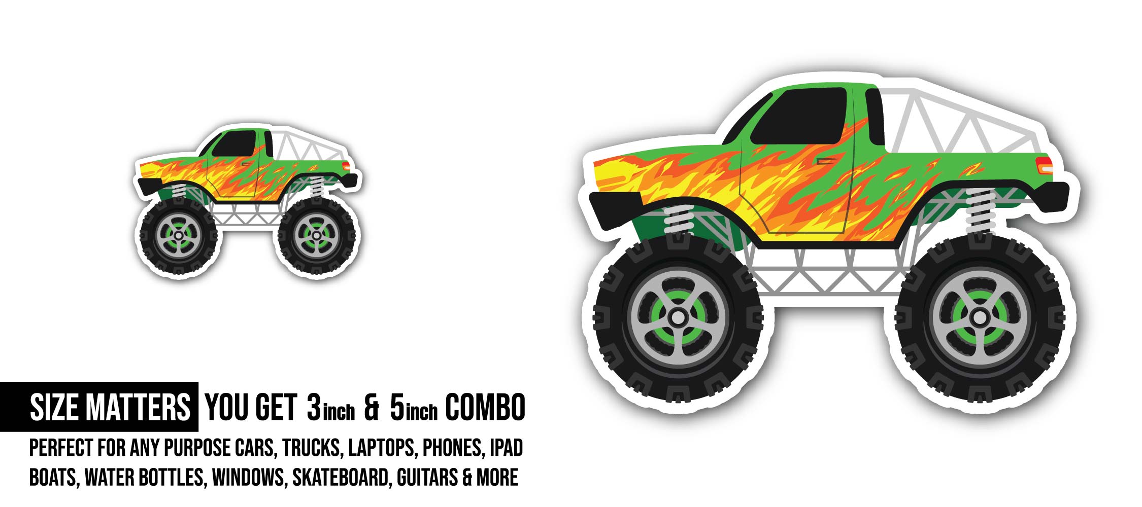 Green Monster Truck Sticker, Waterproof Vinyl Decal Sticker Indoor Or Outdoor 2 (Pieces) 3" and 5"