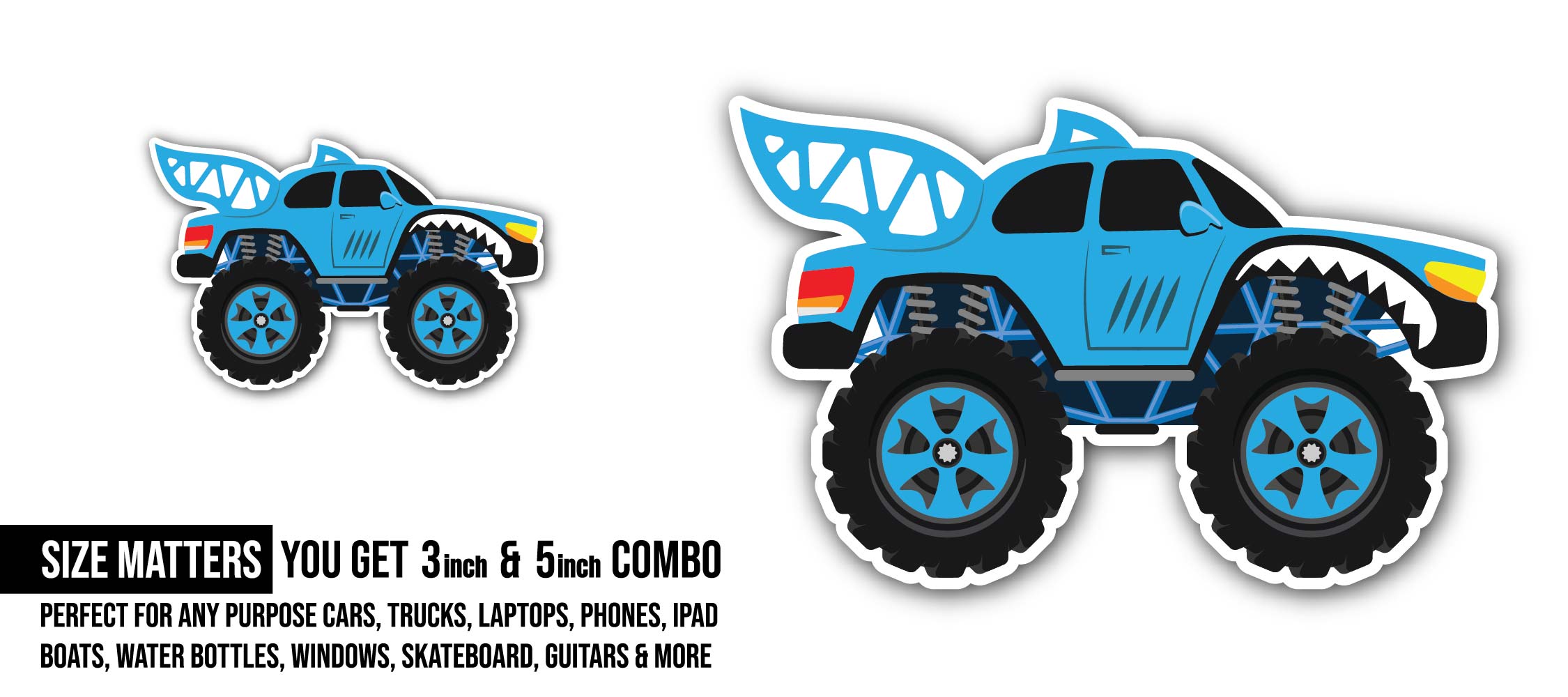 Cartoon Blue Monster Truck Sticker, Waterproof Vinyl Decal Sticker Indoor Or Outdoor 2 (Pieces) 3" and 5"