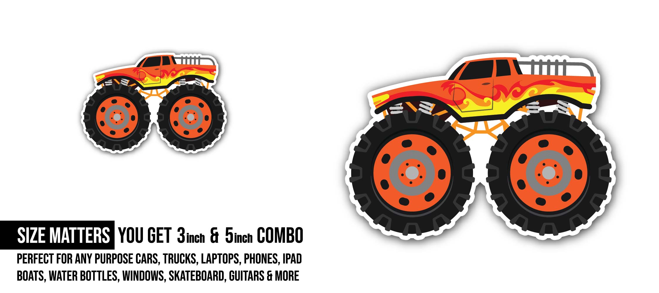 Monster Truck with big wheel Sticker, Waterproof Vinyl Decal Sticker Indoor Or Outdoor 2 (Pieces) 3" and 5"