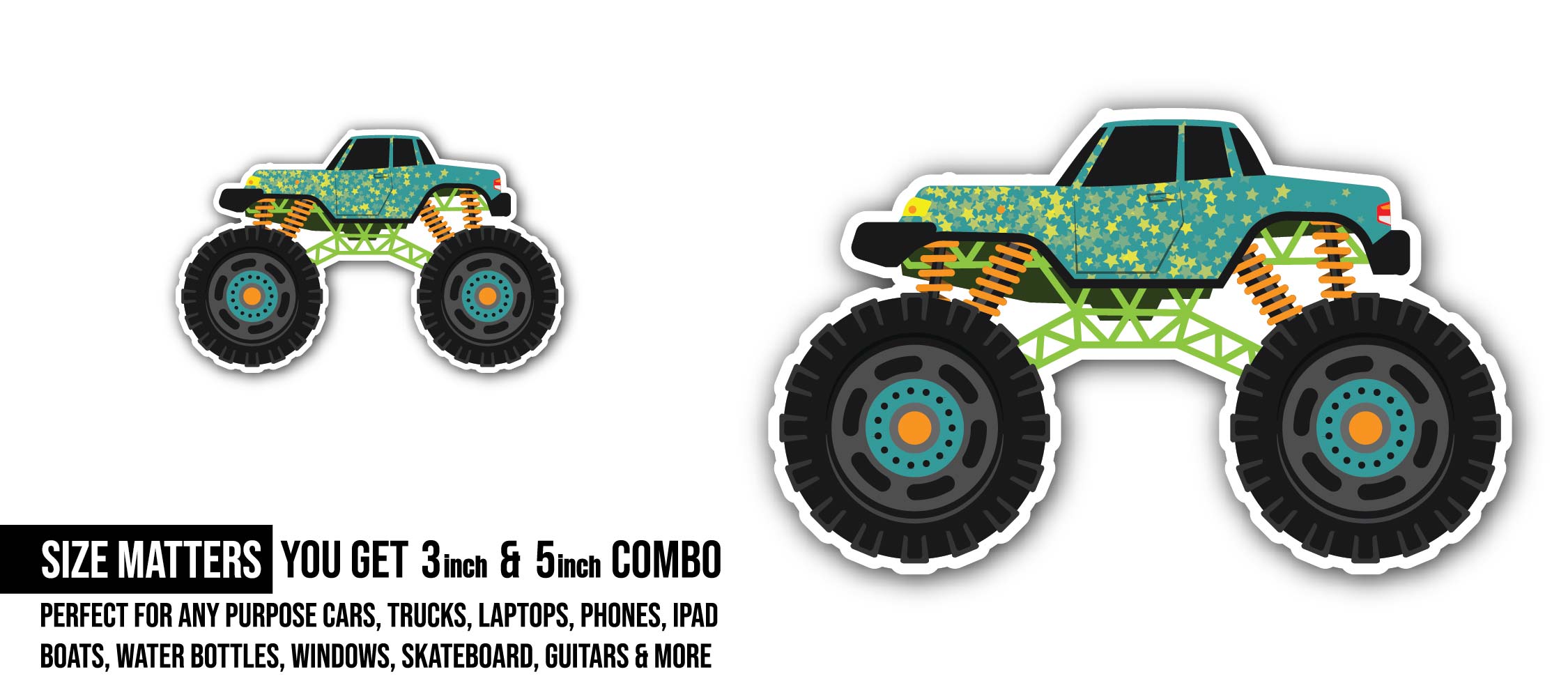 Green Super Truck Sticker, Waterproof Vinyl Decal Sticker Indoor Or Outdoor 2 (Pieces) 3" and 5"