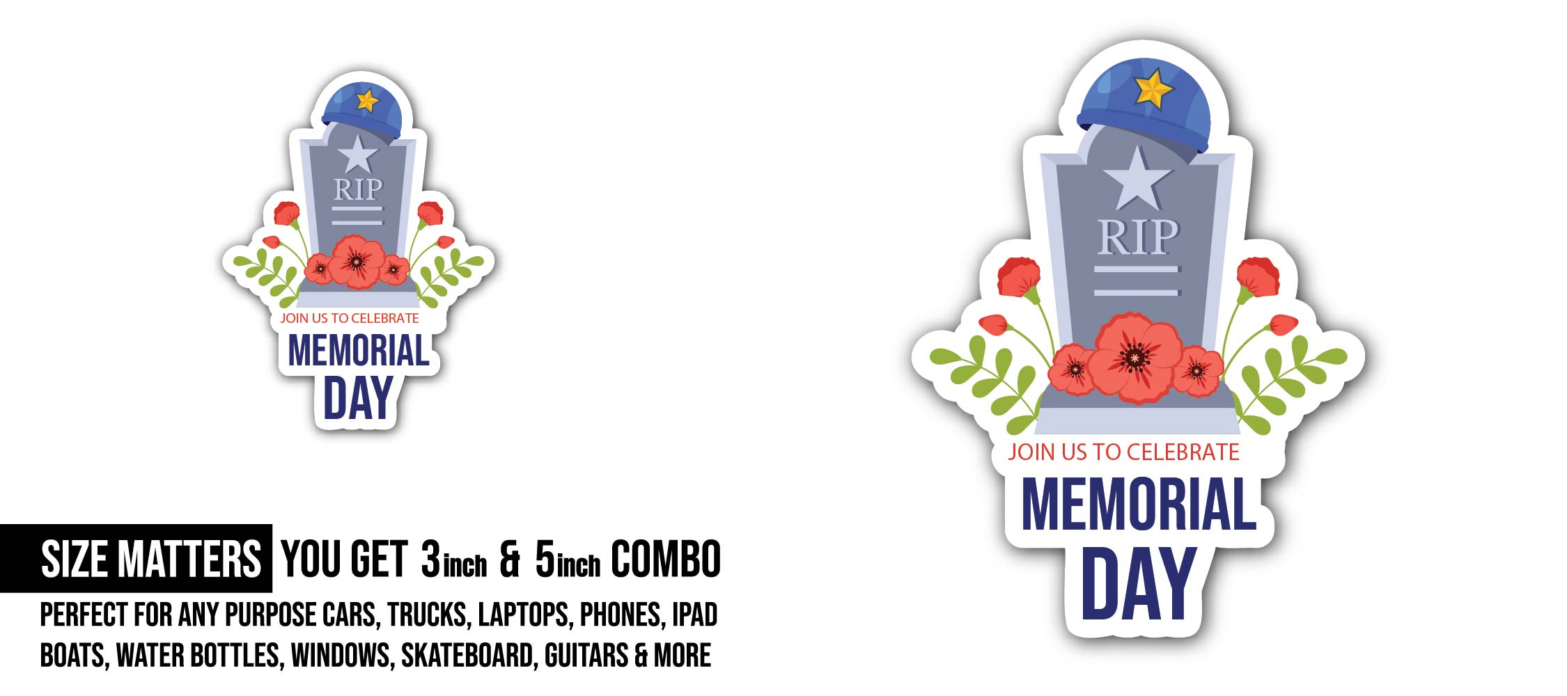 Memorial Day Sticker, Waterproof Vinyl Decal Sticker Indoor Or Outdoor 2 (Pieces) 3" and 5"