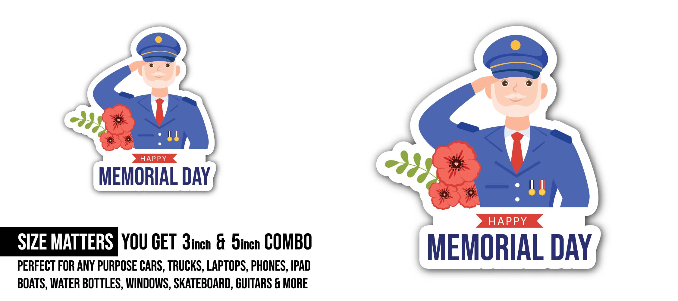 Happy Memorial Day Sticker, Waterproof Vinyl Decal Sticker Indoor Or Outdoor 2 (Pieces) 3" and 5"