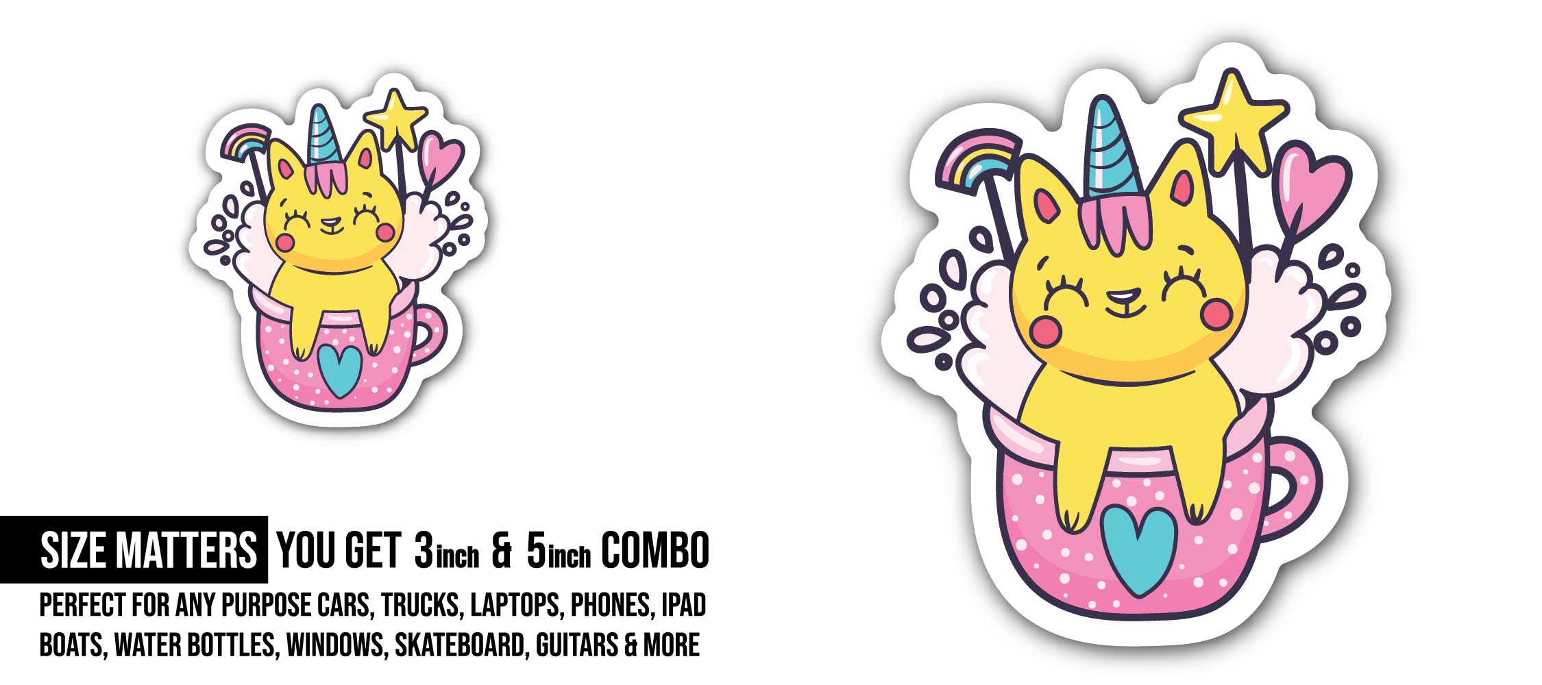 Dreamy Cat Unicorn Sticker, Waterproof Vinyl Decal Sticker Indoor Or Outdoor 2 (Pieces) 3" and 5"