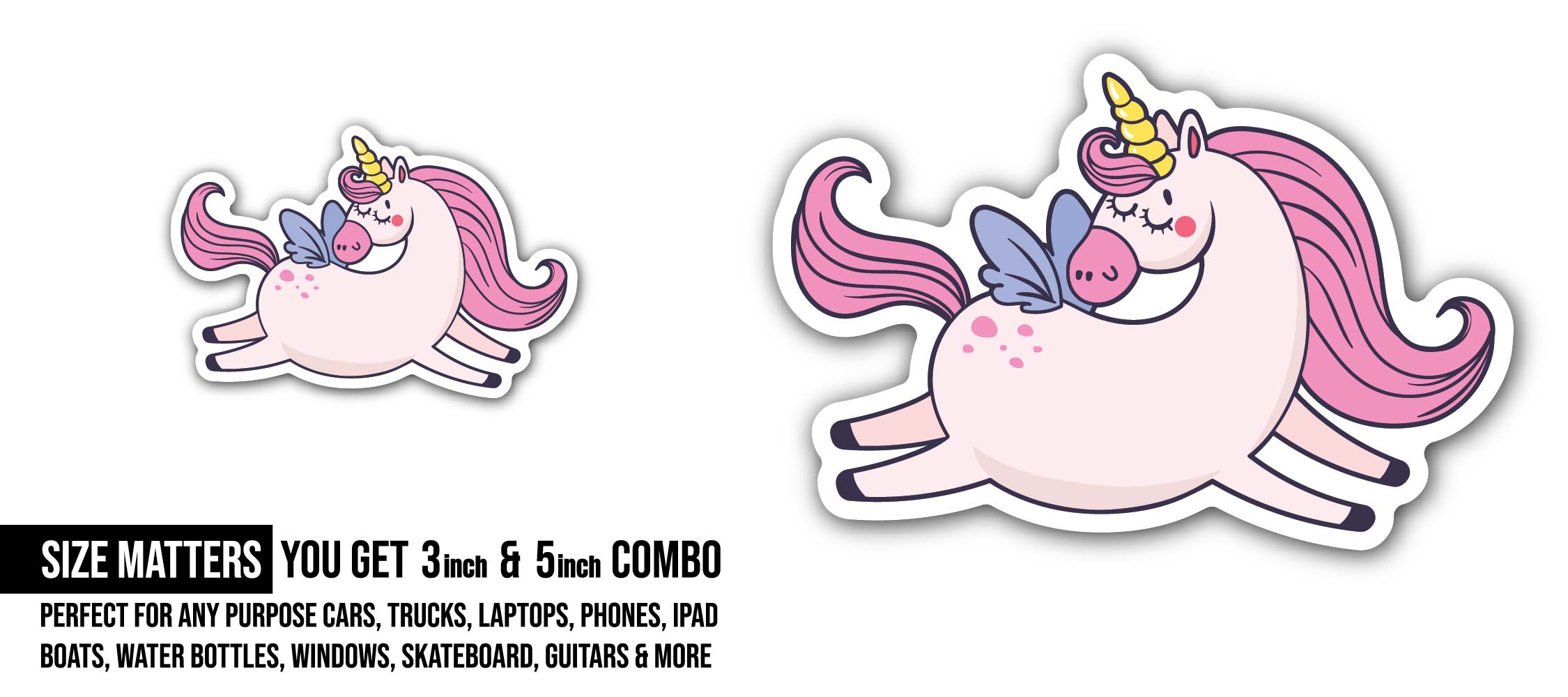Cute Unicorn Sticker, Waterproof Vinyl Decal Sticker Indoor Or Outdoor 2 (Pieces) 3" and 5"