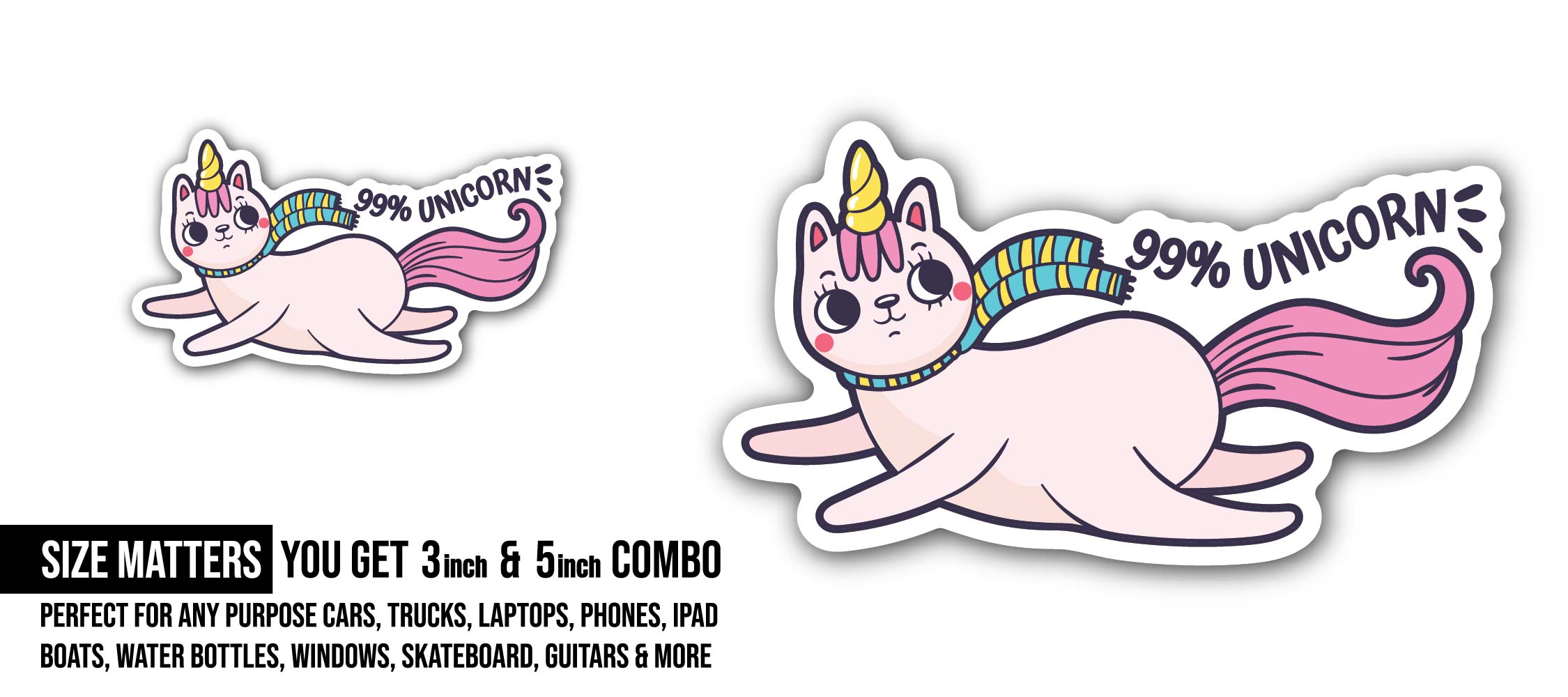 Cute Unicorn cat Sticker, Waterproof Vinyl Decal Sticker Indoor Or Outdoor 2 (Pieces) 3" and 5"