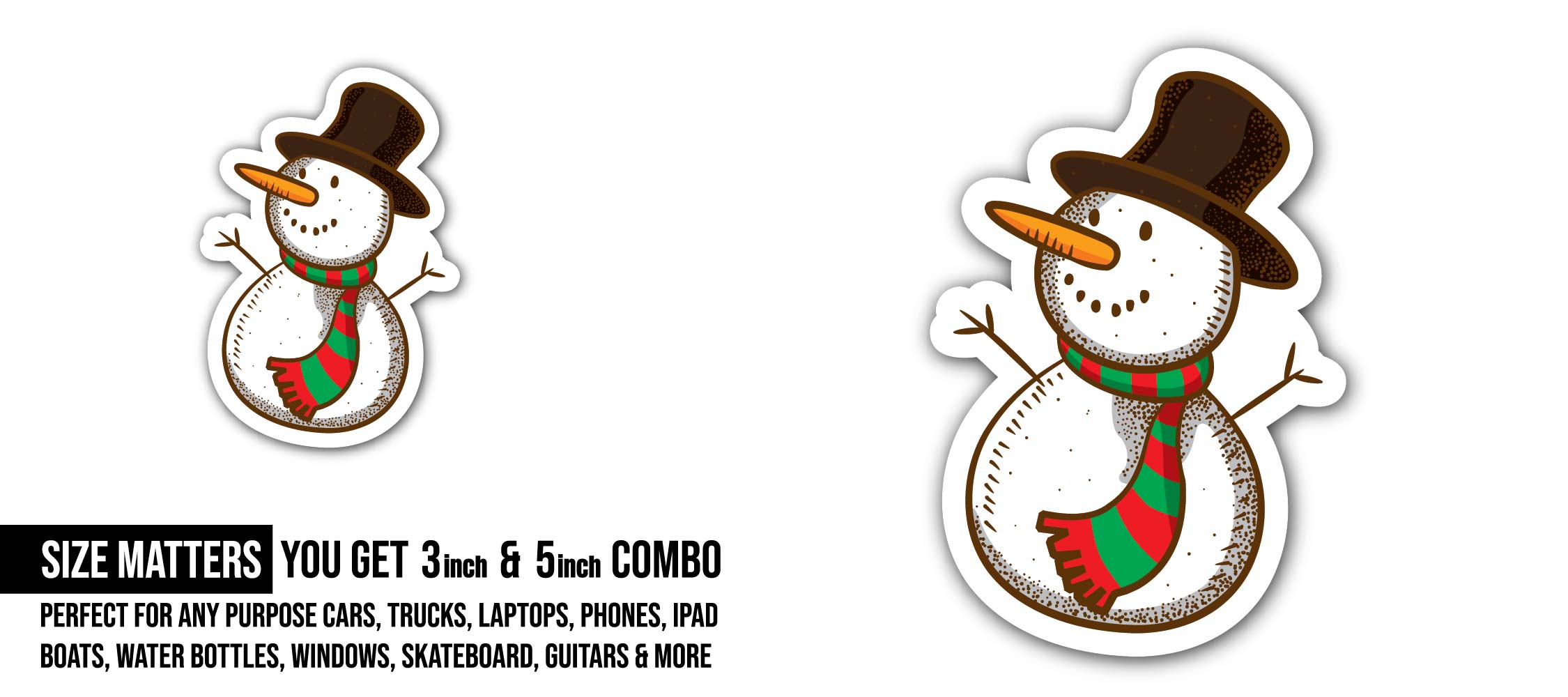 Snowman Sticker, Waterproof Vinyl Decal Sticker Indoor Or Outdoor 2 (Pieces) 3" and 5"