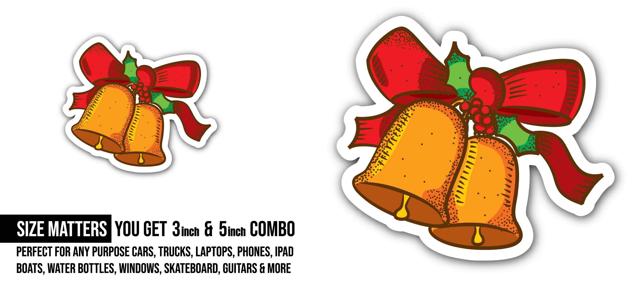 Christmas Bell Sticker, Waterproof Vinyl Decal Sticker Indoor Or Outdoor 2 (Pieces) 3" and 5"