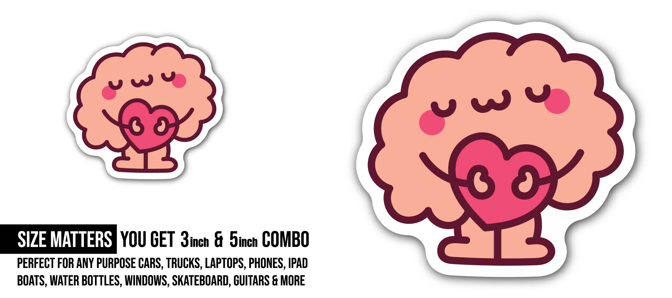 Little Brain holding heart Sticker, Waterproof Vinyl Decal Sticker Indoor Or Outdoor 2 (Pieces) 3" and 5"