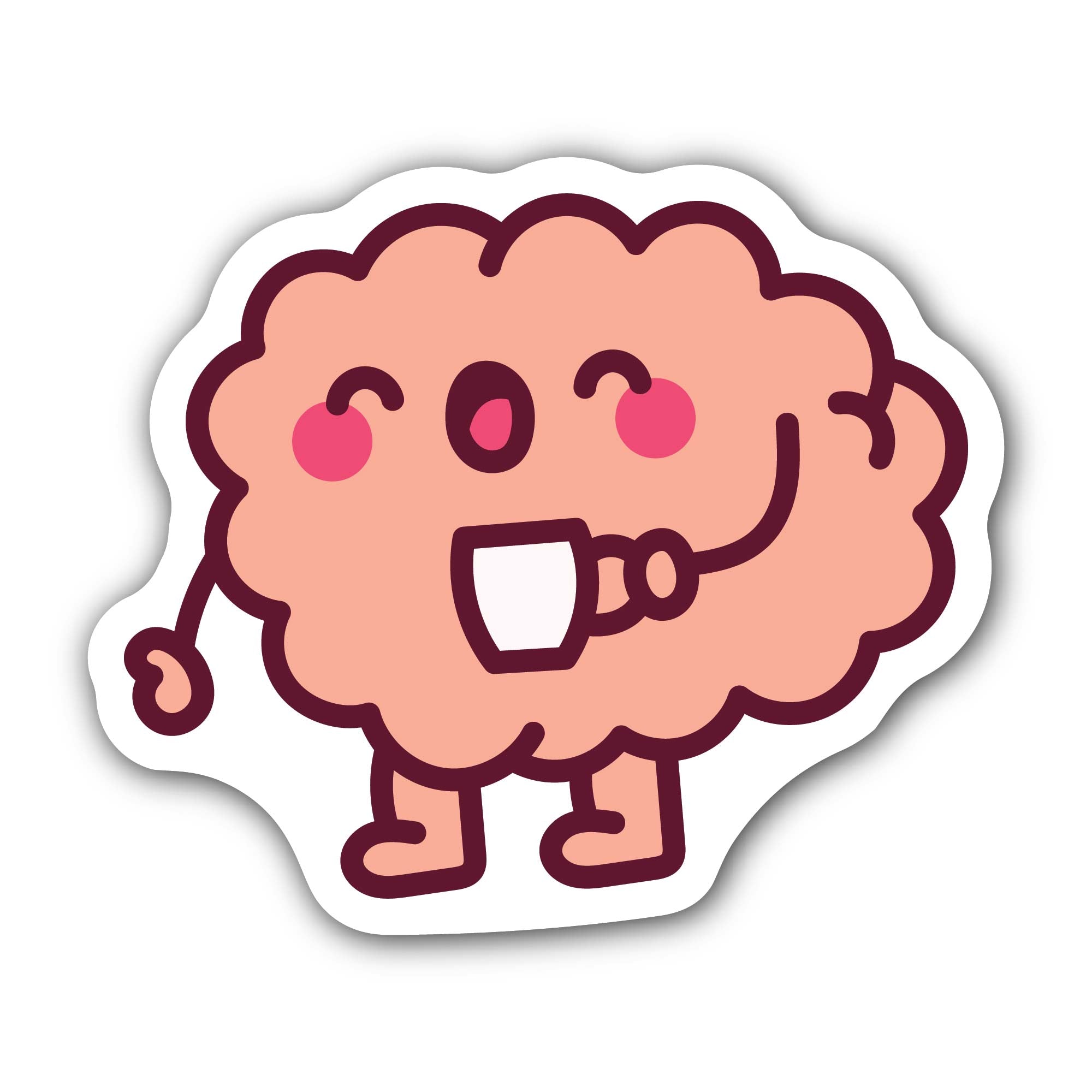 Cute Brain Drinking Tea Sticker, Waterproof Vinyl Decal Sticker Indoor Or Outdoor 2 (Pieces) 3" and 5"