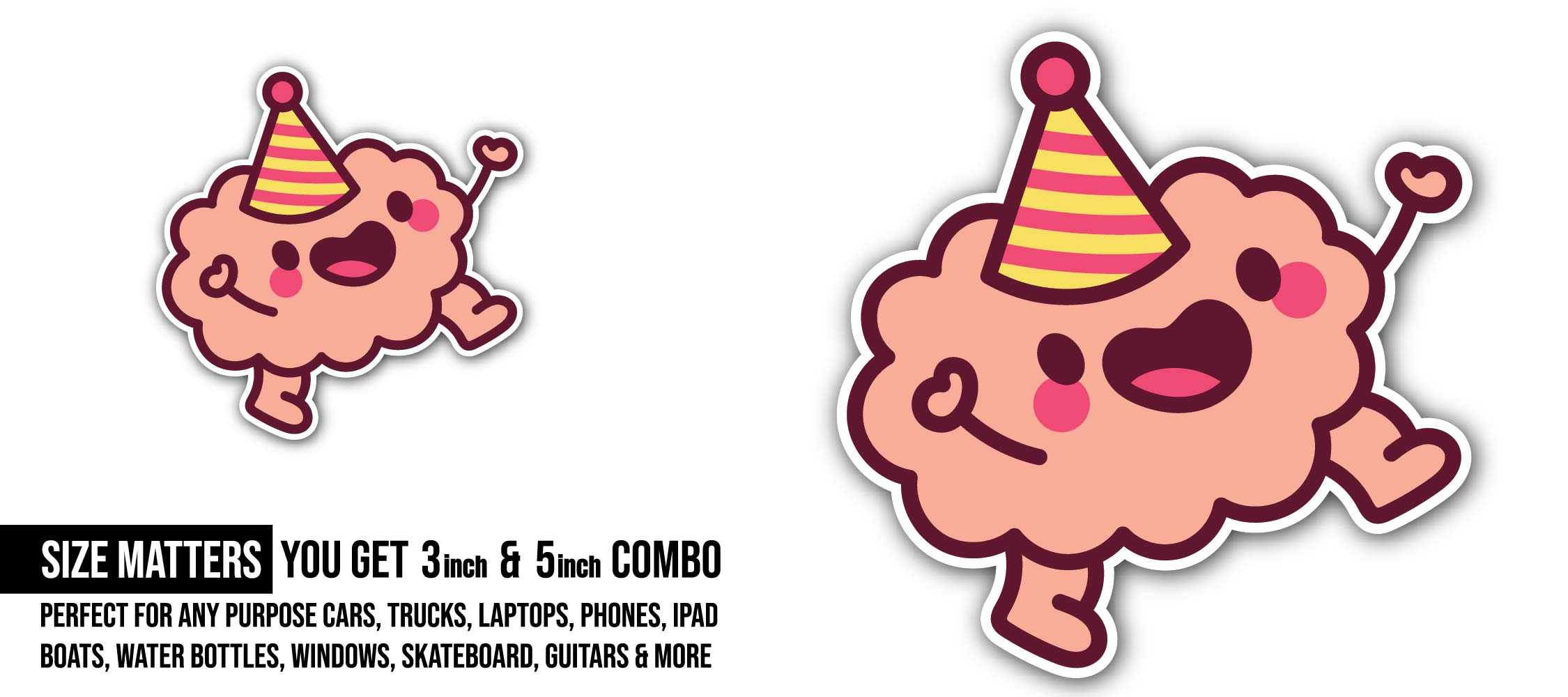 Happy Brain Sticker, Waterproof Vinyl Decal Sticker Indoor Or Outdoor 2 (Pieces) 3" and 5"