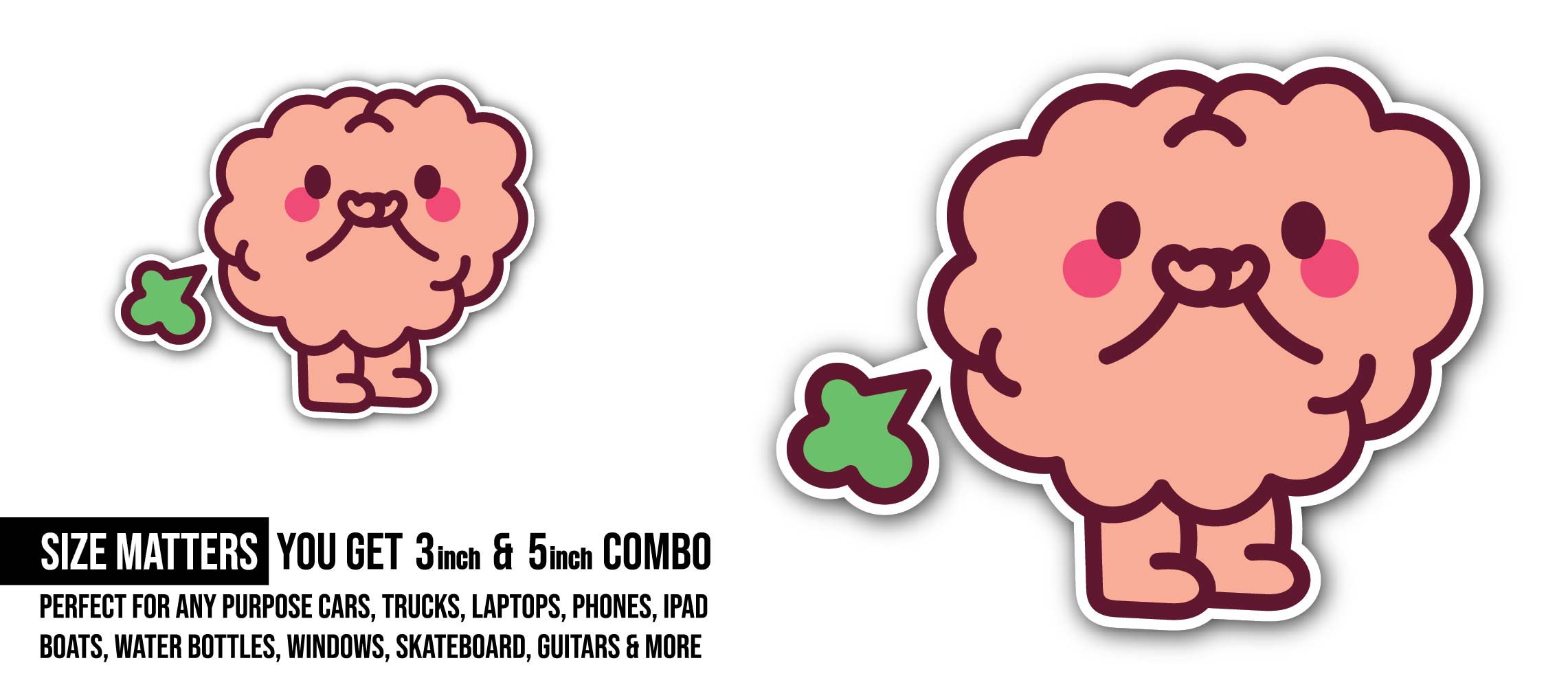 Cute funny Brain Sticker, Waterproof Vinyl Decal Sticker Indoor Or Outdoor 2 (Pieces) 3" and 5"