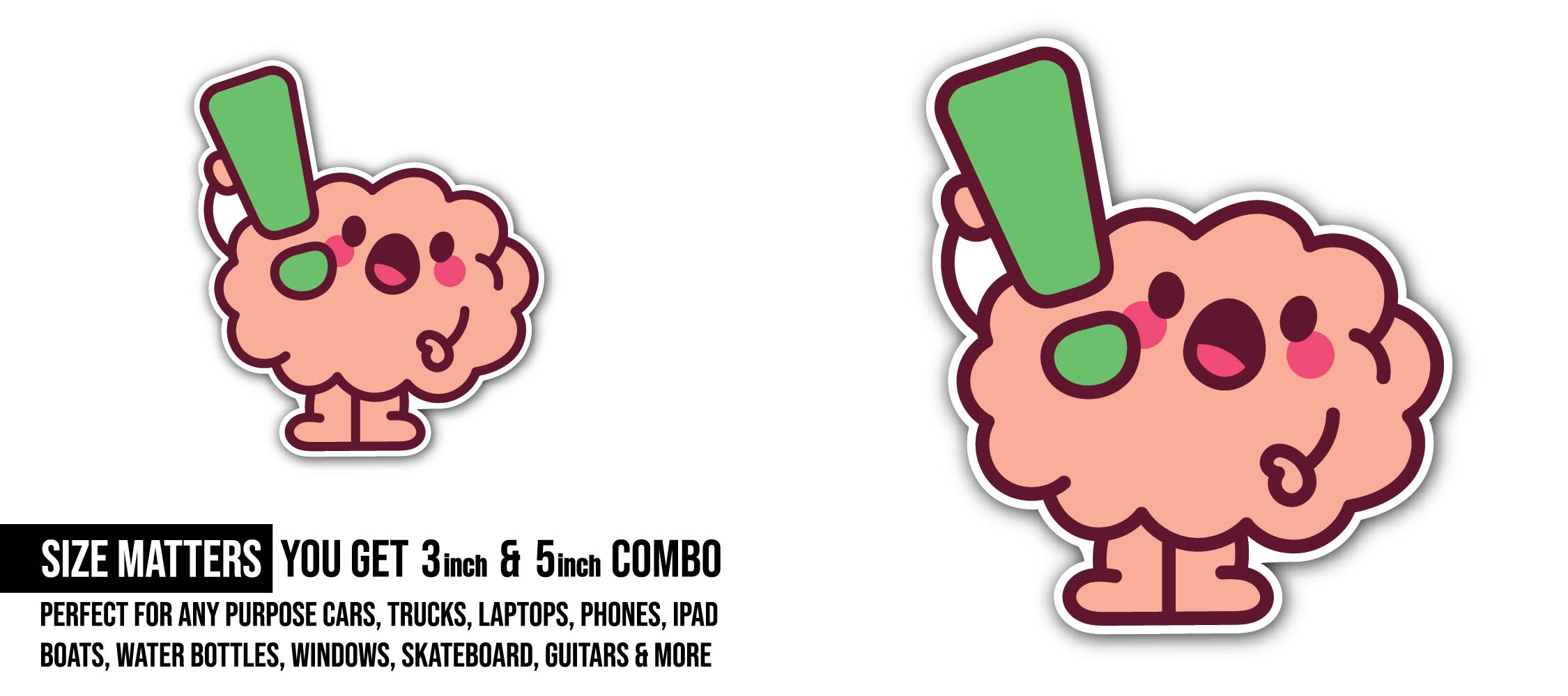 Cute cartoon brain Sticker, Waterproof Vinyl Decal Sticker Indoor Or Outdoor 2 (Pieces) 3" and 5"