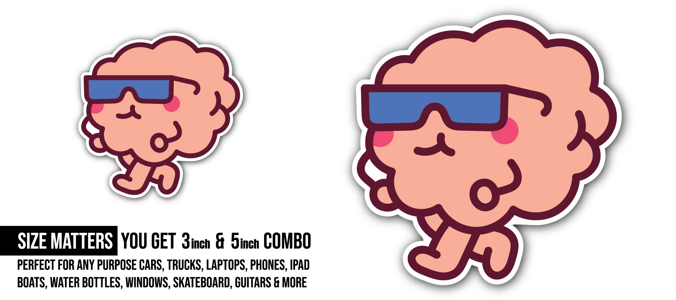 Cool Brain Sticker, Waterproof Vinyl Decal Sticker Indoor Or Outdoor 2 (Pieces) 3" and 5"