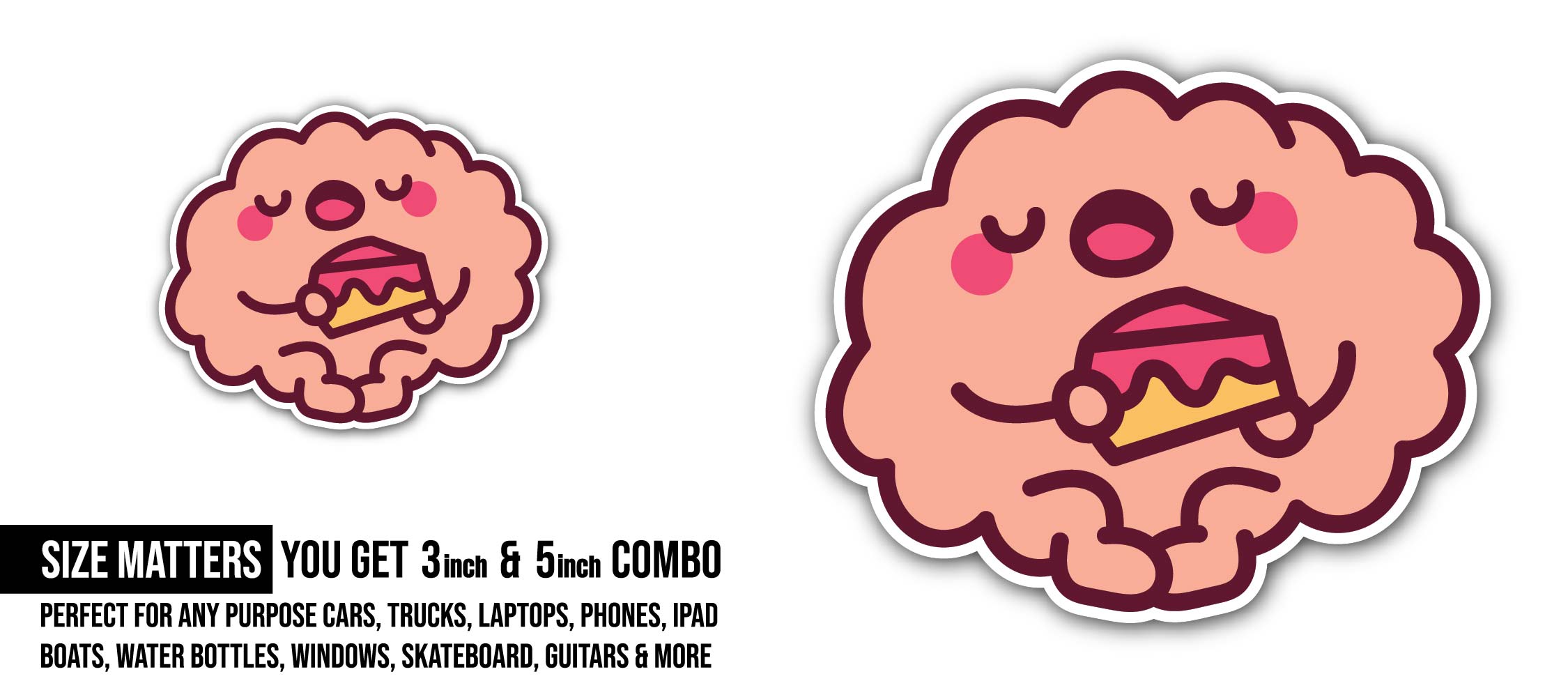 Cute Brain Sticker, Waterproof Vinyl Decal Sticker Indoor Or Outdoor 2 (Pieces) 3" and 5"