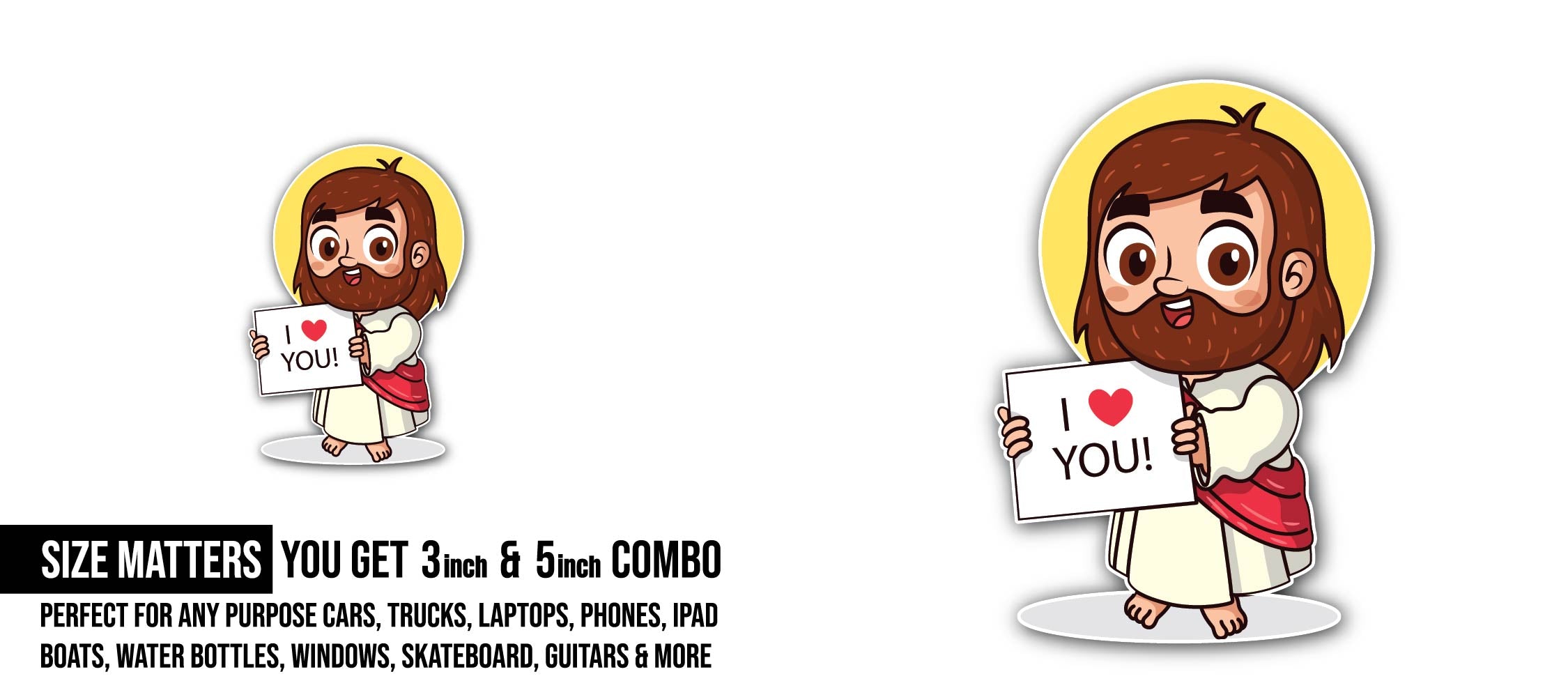 Cartoon Jesus Sticker, Waterproof Vinyl Decal Sticker Indoor Or Outdoor 2 (Pieces) 3" and 5"