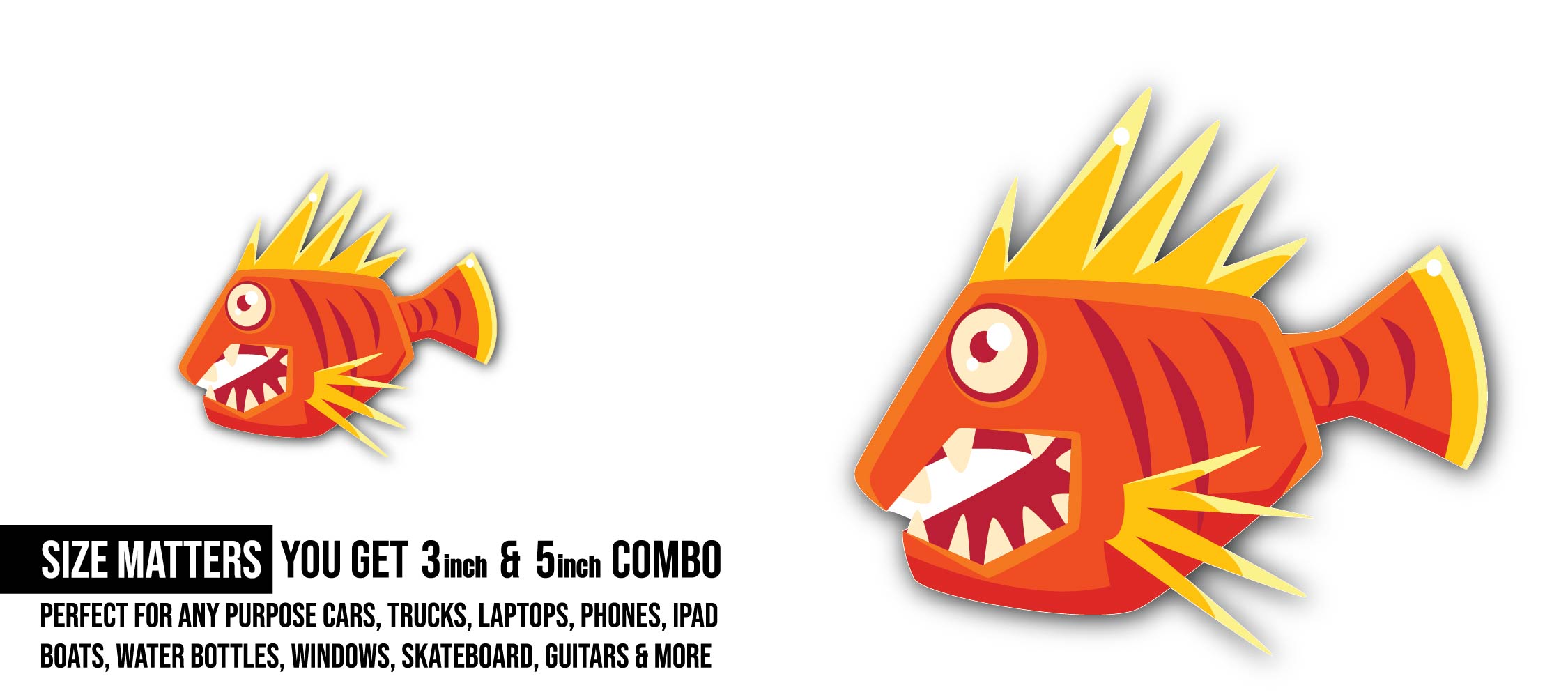 Ugly Fish Sticker, Waterproof Vinyl Decal Sticker Indoor Or Outdoor 2 (Pieces) 3" and 5"