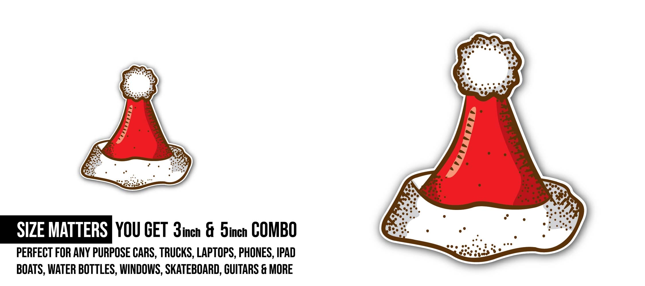 Christmas santa's hat Sticker, Waterproof Vinyl Decal Sticker Indoor Or Outdoor 2 (Pieces) 3" and 5"