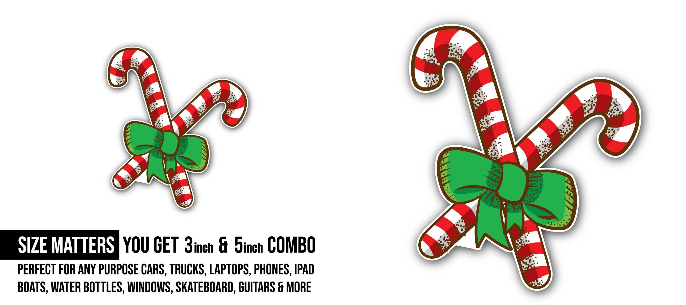 Candy Cane Sticker, Waterproof Vinyl Decal Sticker Indoor Or Outdoor 2 (Pieces) 3" and 5"