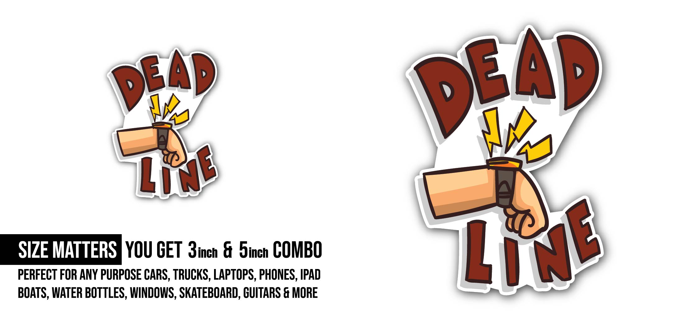 Hand with a wristwatch and deadline Sticker, Waterproof Vinyl Decal Sticker Indoor Or Outdoor 2 (Pieces) 3" and 5"