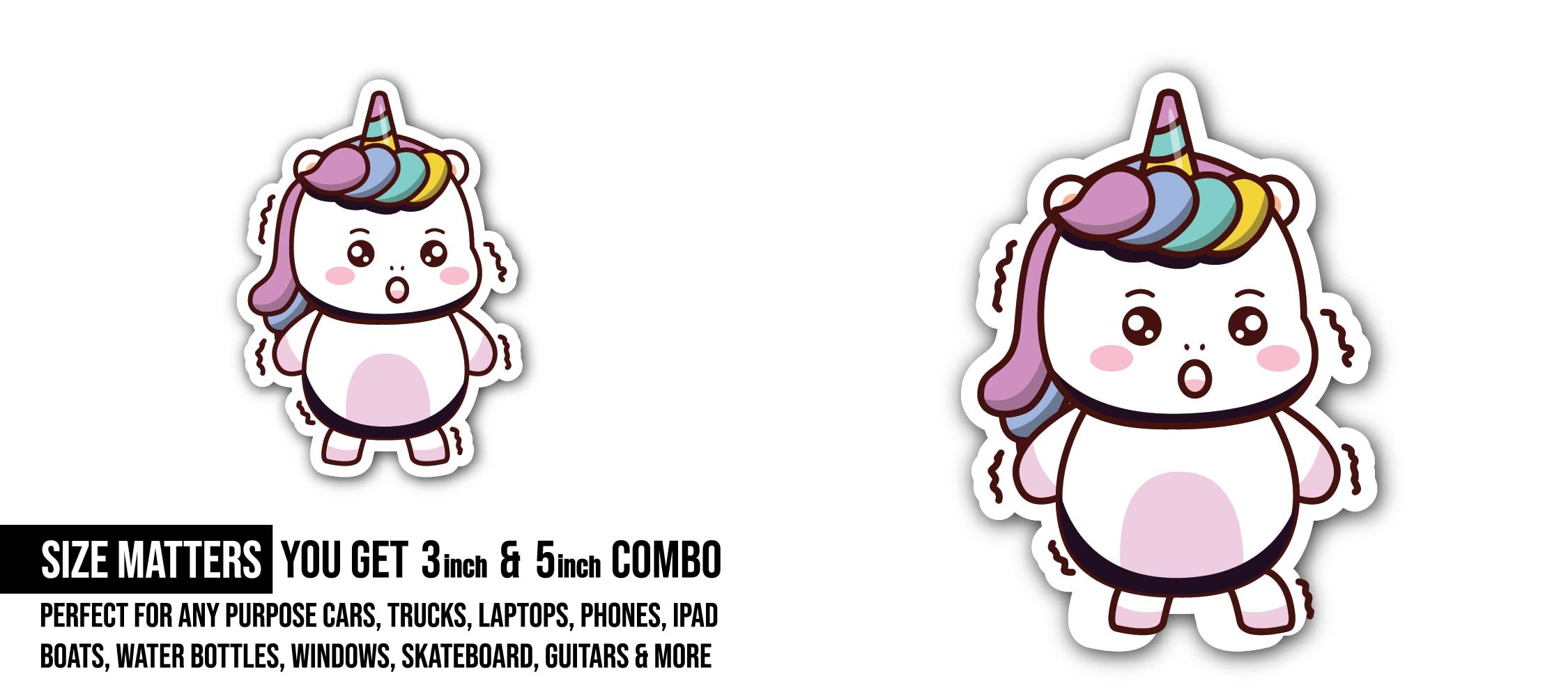 Cute Unicorn Sticker, Waterproof Vinyl Decal Sticker Indoor Or Outdoor 2 (Pieces) 3" and 5"