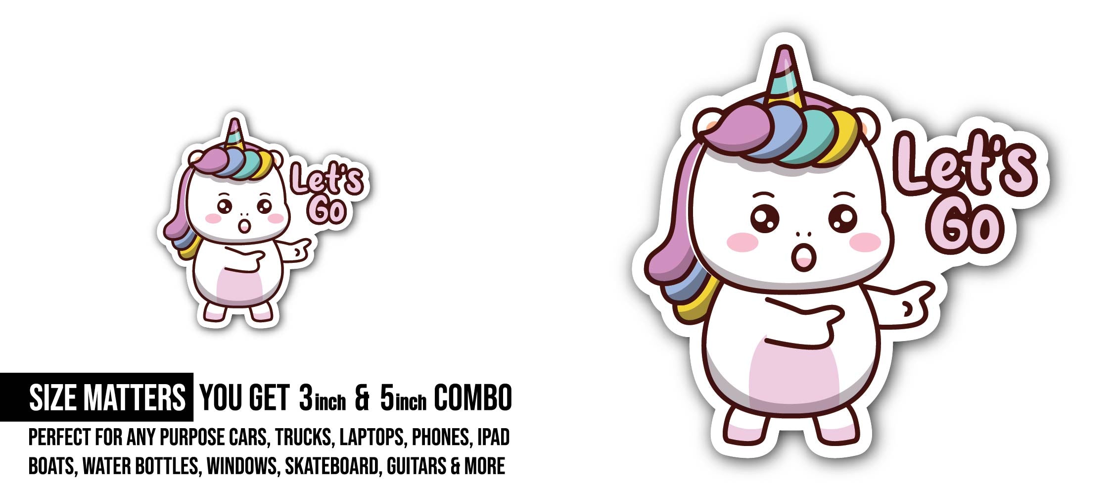 Let's Go Unicorn Sticker, Waterproof Vinyl Decal Sticker Indoor Or Outdoor 2 (Pieces) 3" and 5"