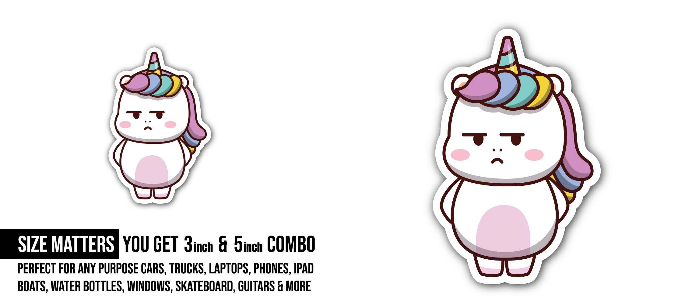 Angry Cute Unicorn Sticker, Waterproof Vinyl Decal Sticker Indoor Or Outdoor 2 (Pieces) 3" and 5"