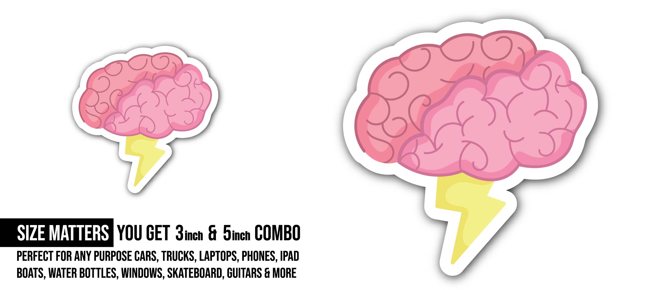 Brain with Lightning Sticker, Waterproof Vinyl Decal Sticker Indoor Or Outdoor 2 (Pieces) 3" and 5"