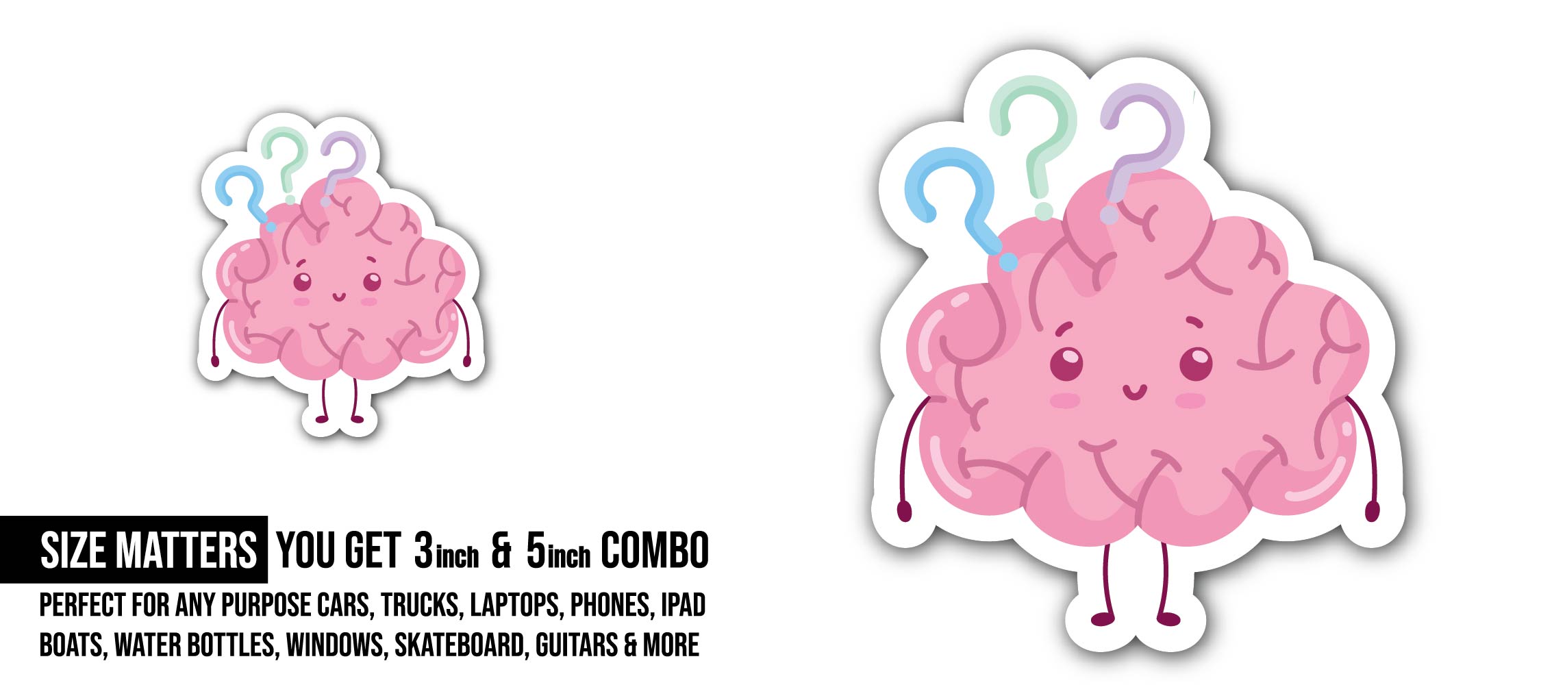 Cute Brain Question Marks Sticker, Waterproof Vinyl Decal Sticker Indoor Or Outdoor 2 (Pieces) 3" and 5"