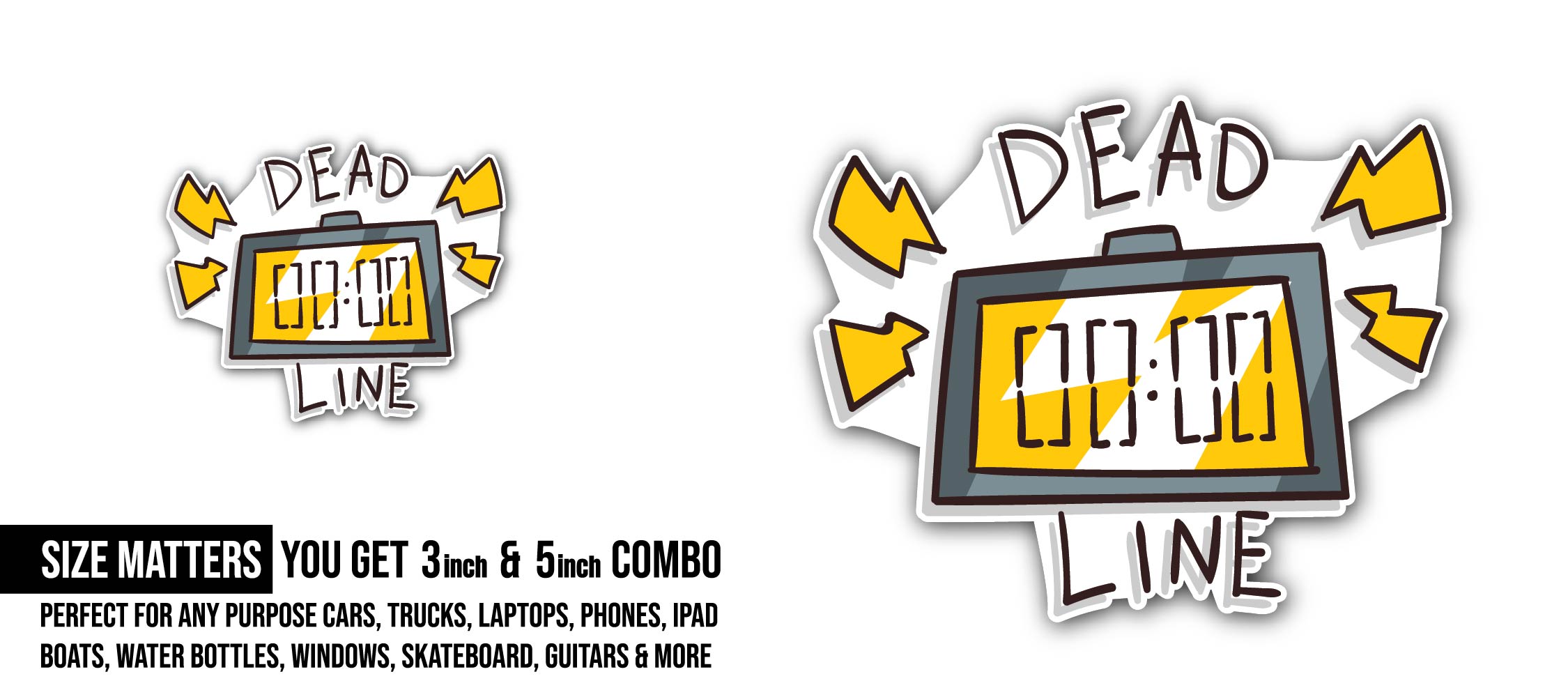 Digital Alarm Clock and Deadline Word Sticker, Waterproof Vinyl Decal Sticker Indoor Or Outdoor 2 (Pieces) 3" and 5"