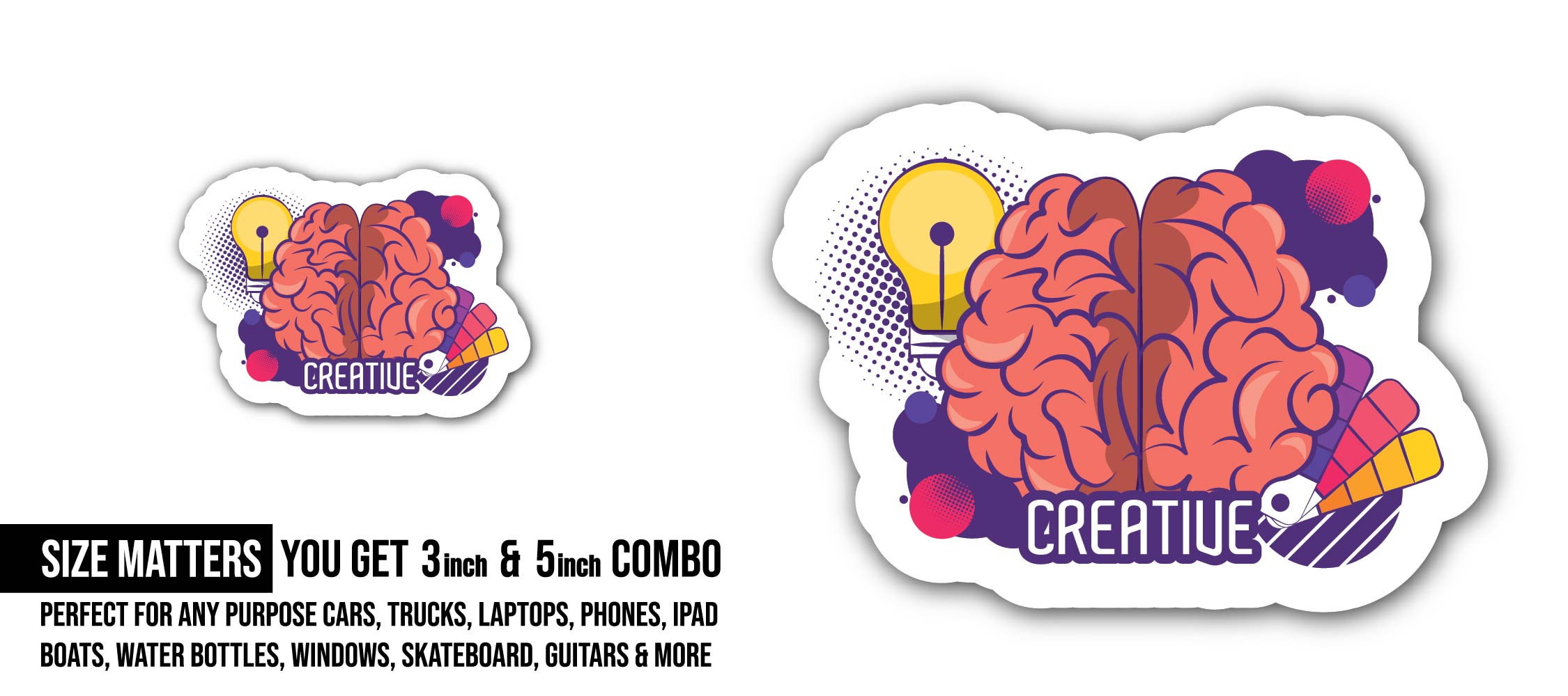 Creative Brain Sticker, Waterproof Vinyl Decal Sticker Indoor Or Outdoor 2 (Pieces) 3" and 5"