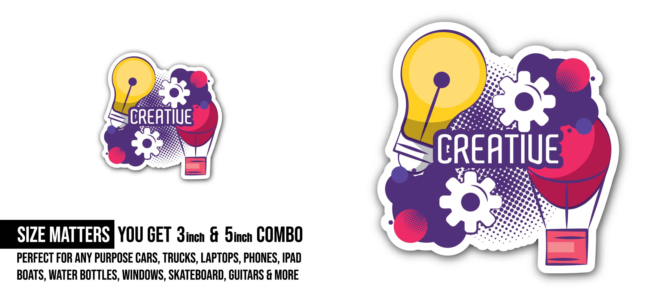 Creative Hot Air Balloon and Bulb with Gears Sticker, Waterproof Vinyl Decal Sticker Indoor Or Outdoor 2 (Pieces) 3" and 5"