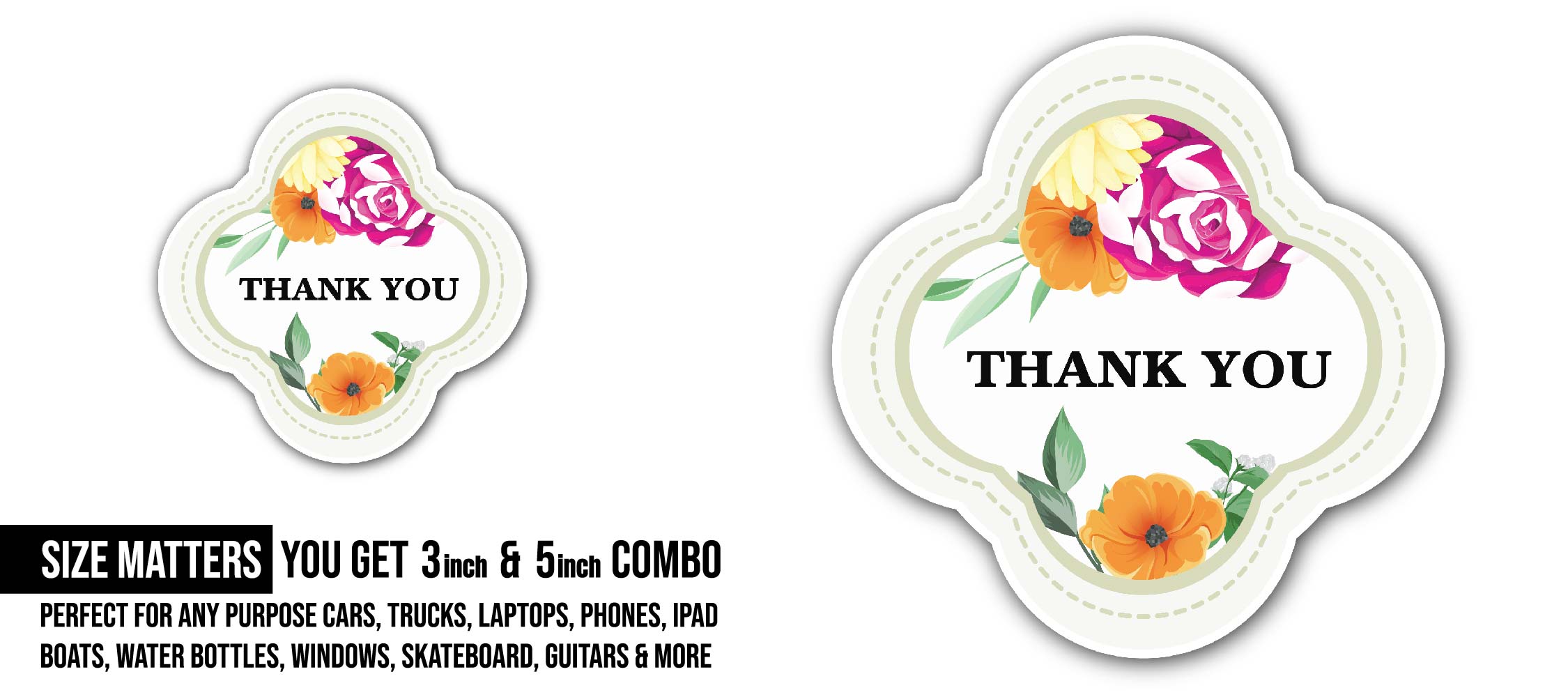Thank You Sticker, Waterproof Vinyl Decal Sticker Indoor Or Outdoor 2 (Pieces) 3" and 5"