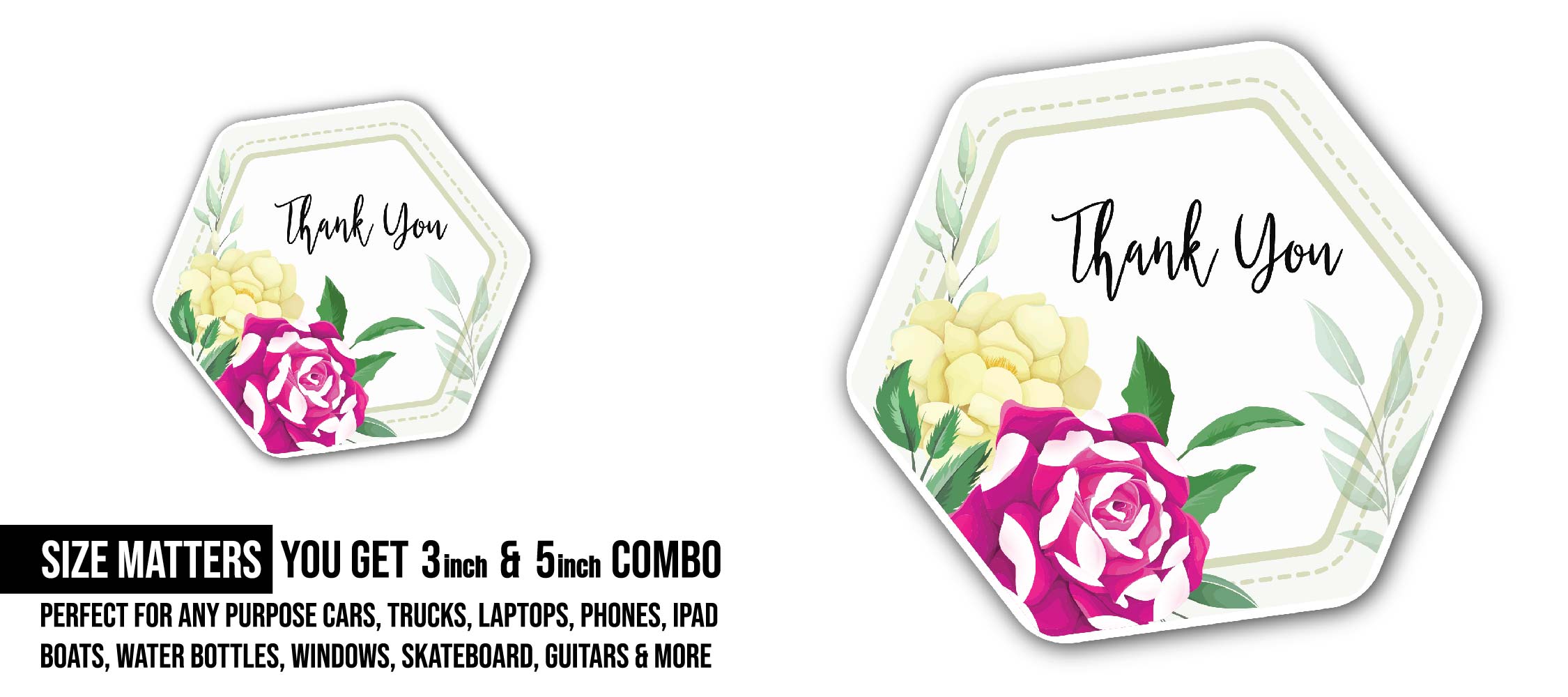 Thank You Frame with rose Flowers Sticker, Waterproof Vinyl Decal Sticker Indoor Or Outdoor 2 (Pieces) 3" and 5"