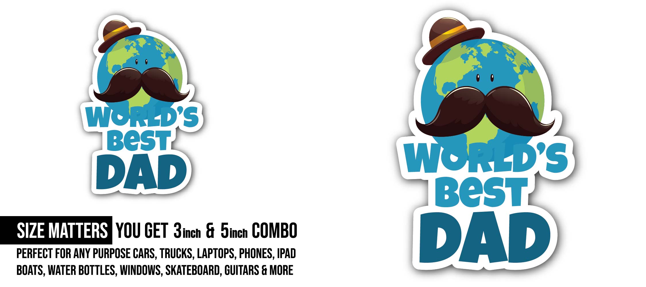 Worlds best dad Sticker, Waterproof Vinyl Decal Sticker Indoor Or Outdoor 2 (Pieces) 3" and 5"