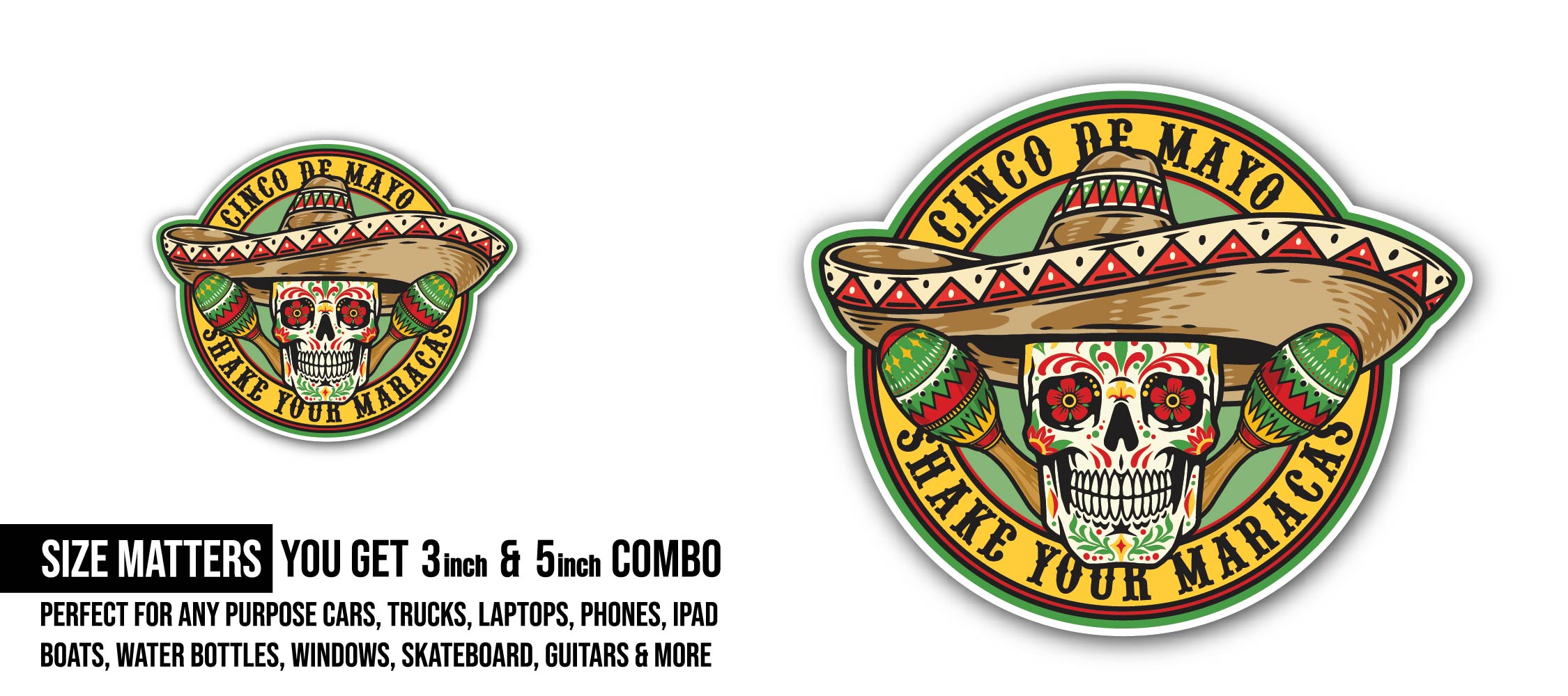Colorful Sugar Skull Sticker, Waterproof Vinyl Decal Sticker Indoor Or Outdoor 2 (Pieces) 3" and 5"