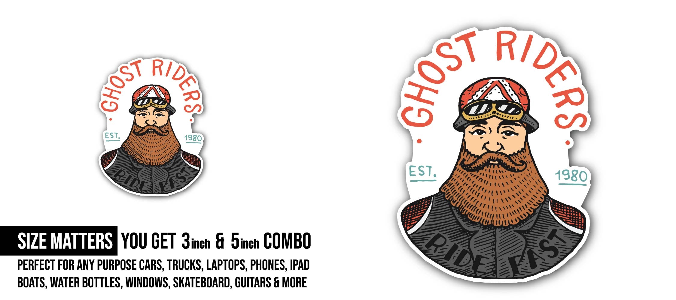 Ghost Riders Sticker, Waterproof Vinyl Decal Sticker Indoor Or Outdoor 2 (Pieces) 3" and 5"