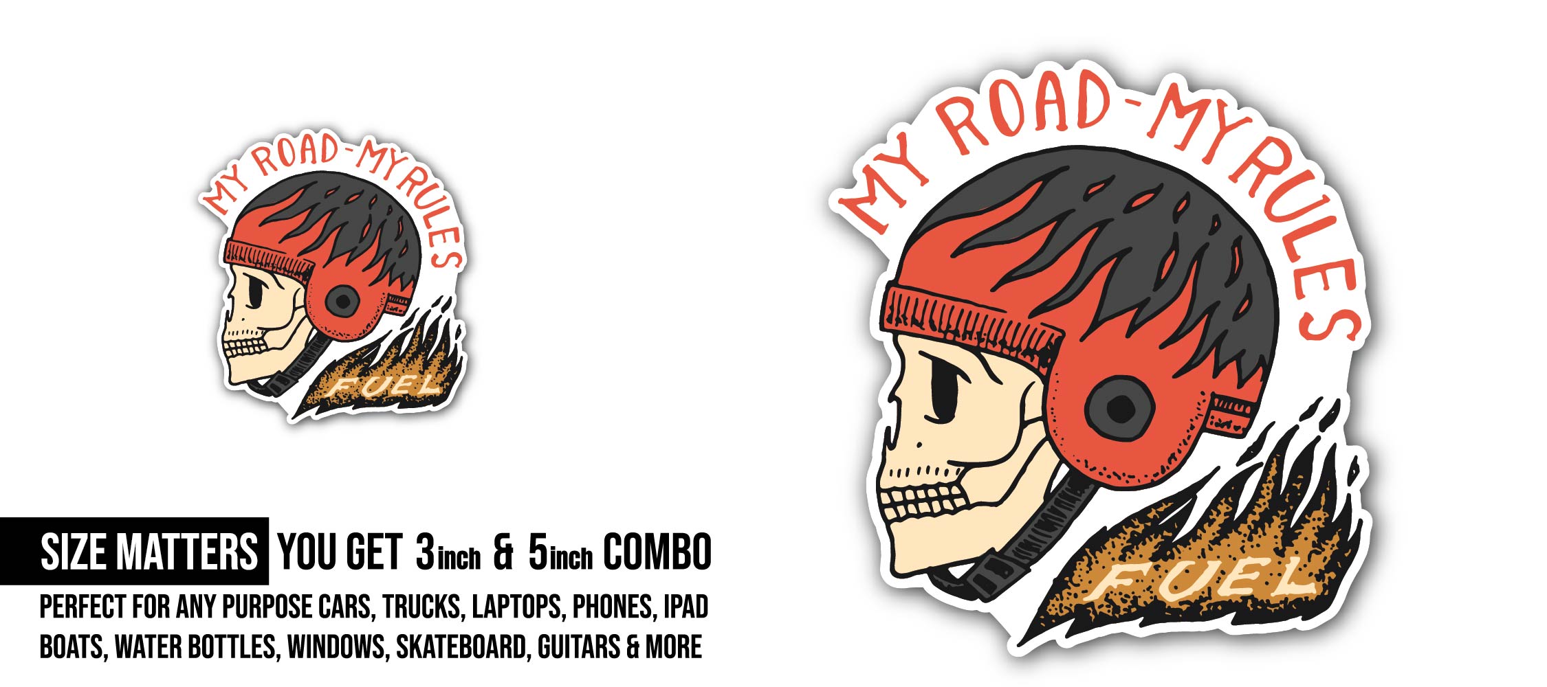 My Road My Rules skull Sticker, Waterproof Vinyl Decal Sticker Indoor Or Outdoor 2 (Pieces) 3" and 5"