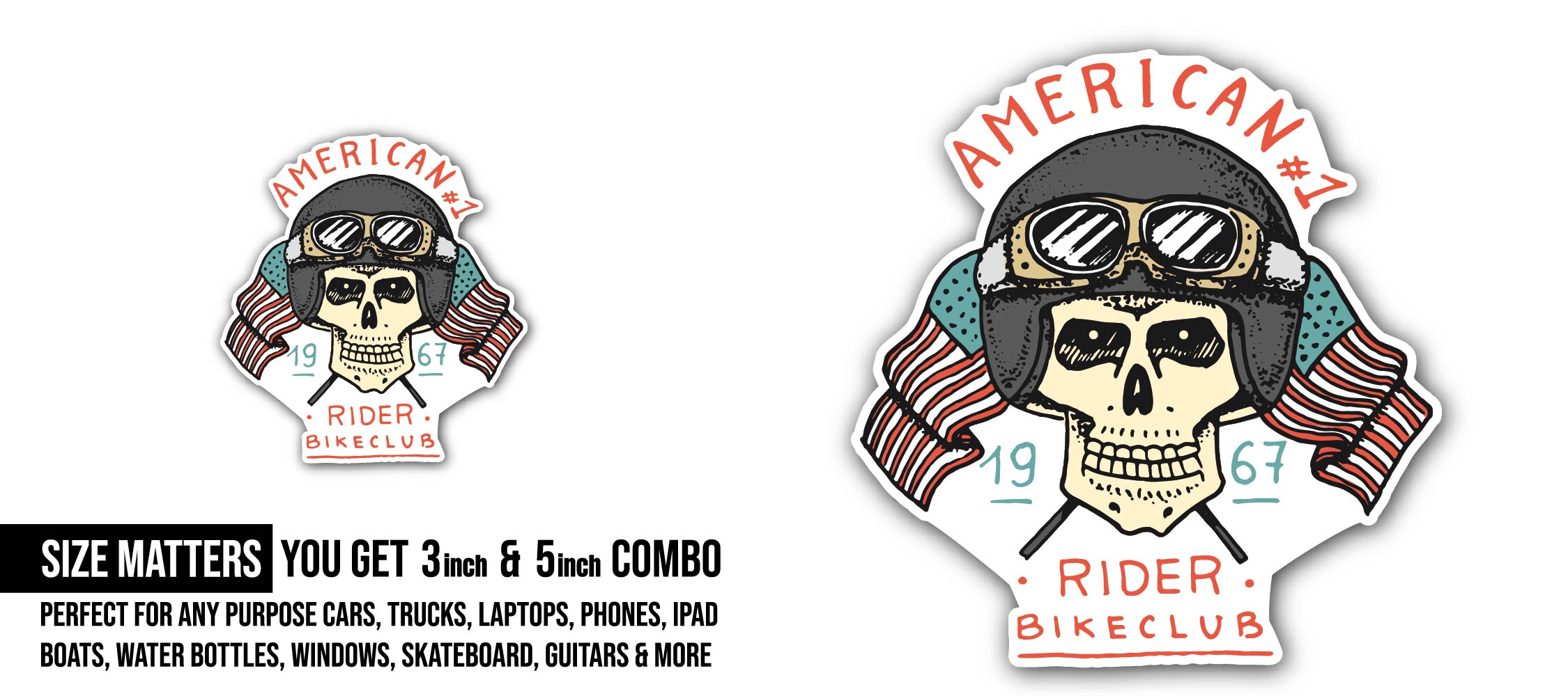 American Rider Bike club Sticker, Waterproof Vinyl Decal Sticker Indoor Or Outdoor 2 (Pieces) 3" and 5"