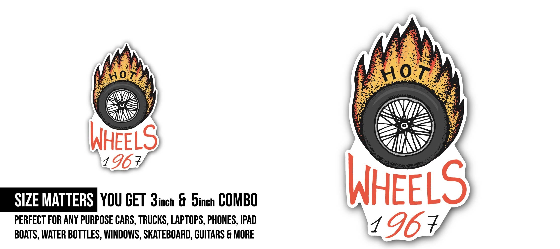 Hot Wheels Sticker, Waterproof Vinyl Decal Sticker Indoor Or Outdoor 2 (Pieces) 3" and 5"