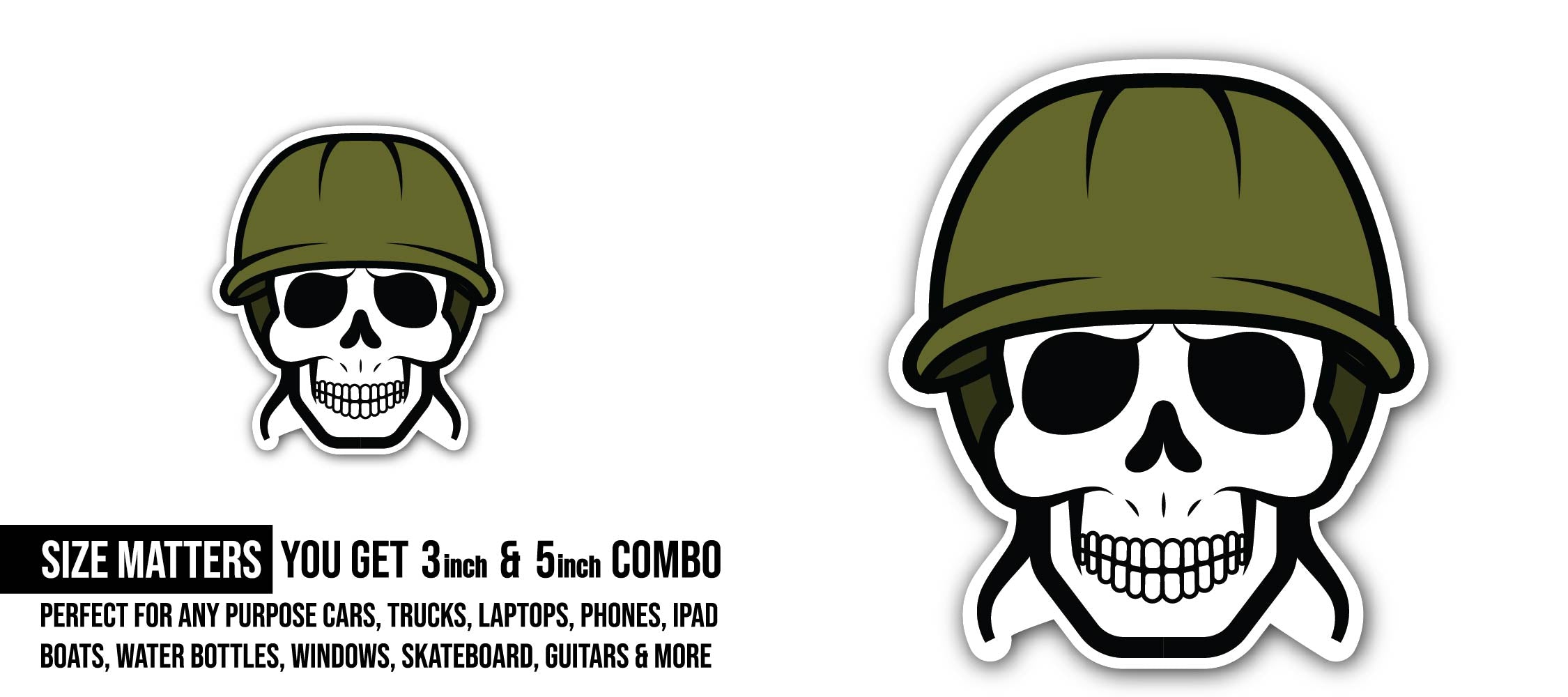 Skull military soldier Sticker, Waterproof Vinyl Decal Sticker Indoor Or Outdoor 2 (Pieces) 3" and 5"
