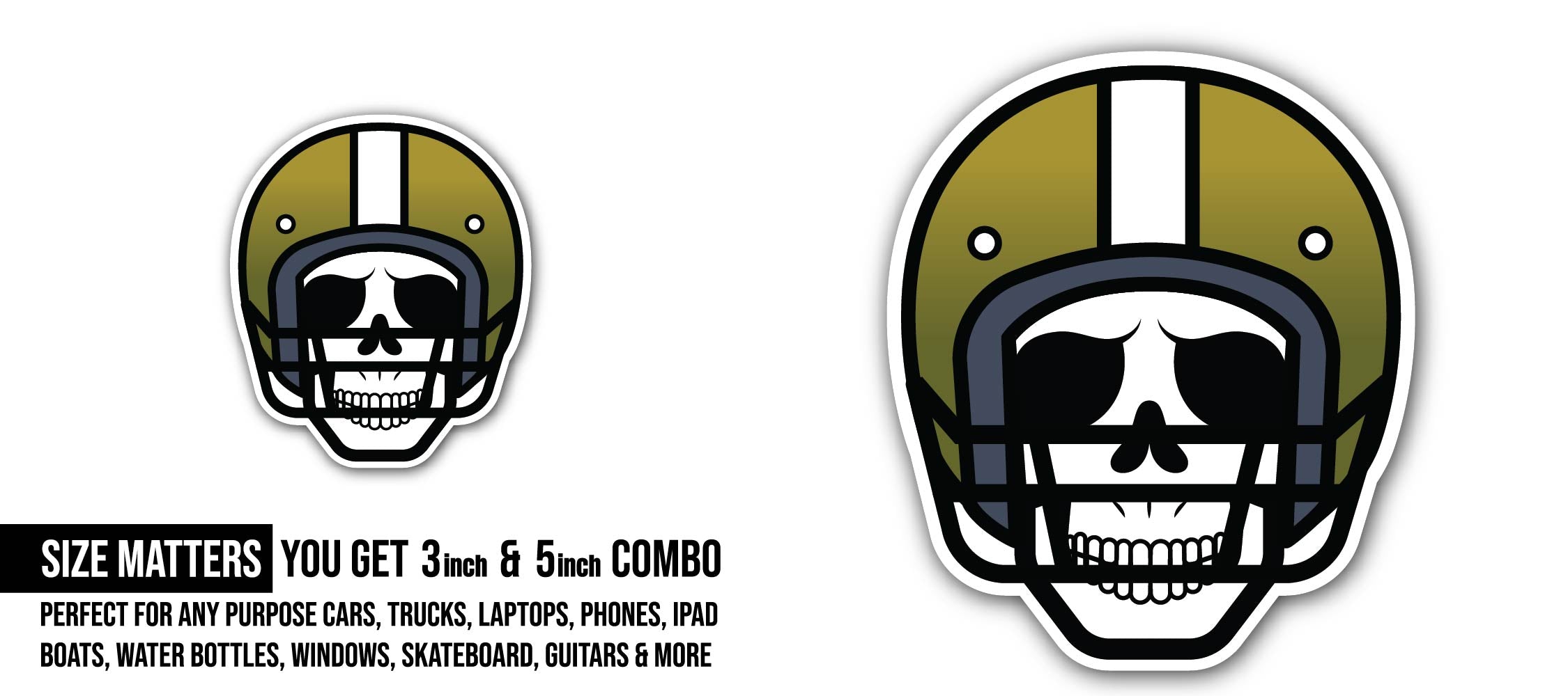 Skull Green Helmet Symbol Sticker, Waterproof Vinyl Decal Sticker Indoor Or Outdoor 2 (Pieces) 3" and 5"